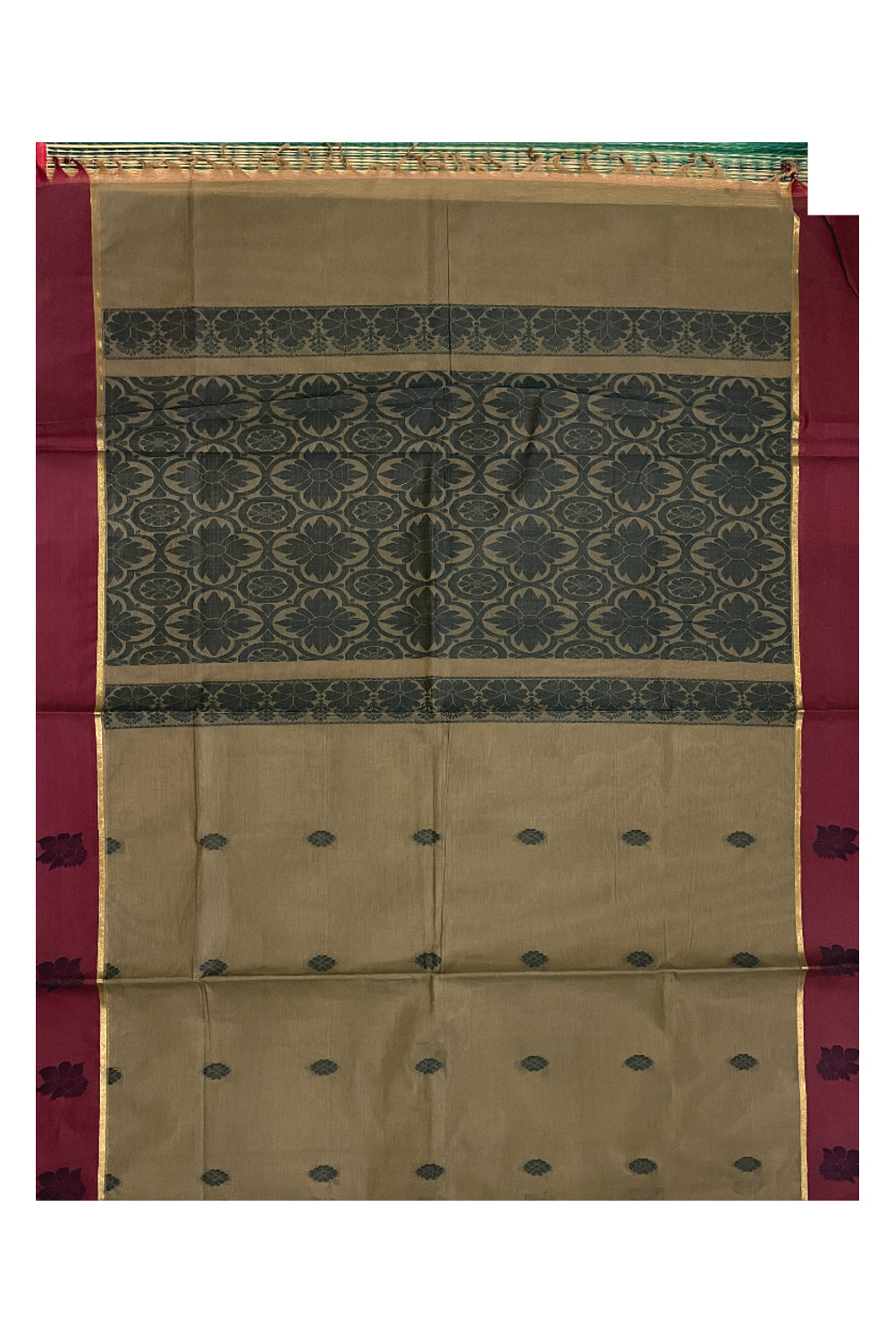 Southloom Cotton Brown Saree with Maroon Floral Woven Border