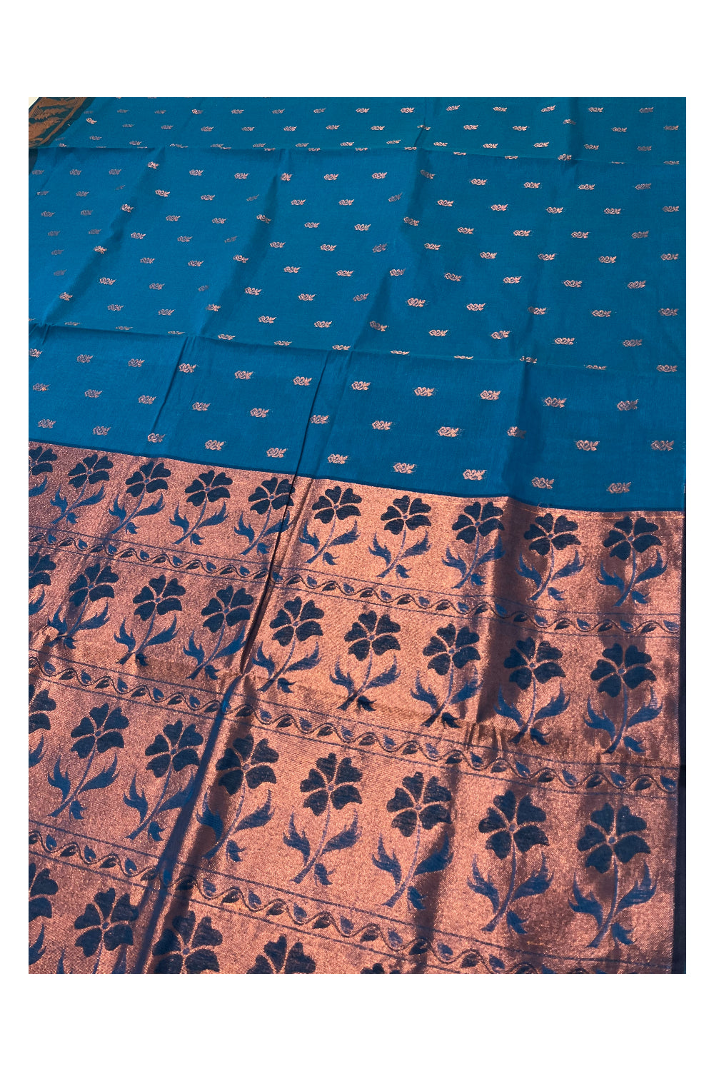 Southloom Cotto Greenish Blue Saree with Woven Butta Works on Body and Heavy Copper Work  on Pallu