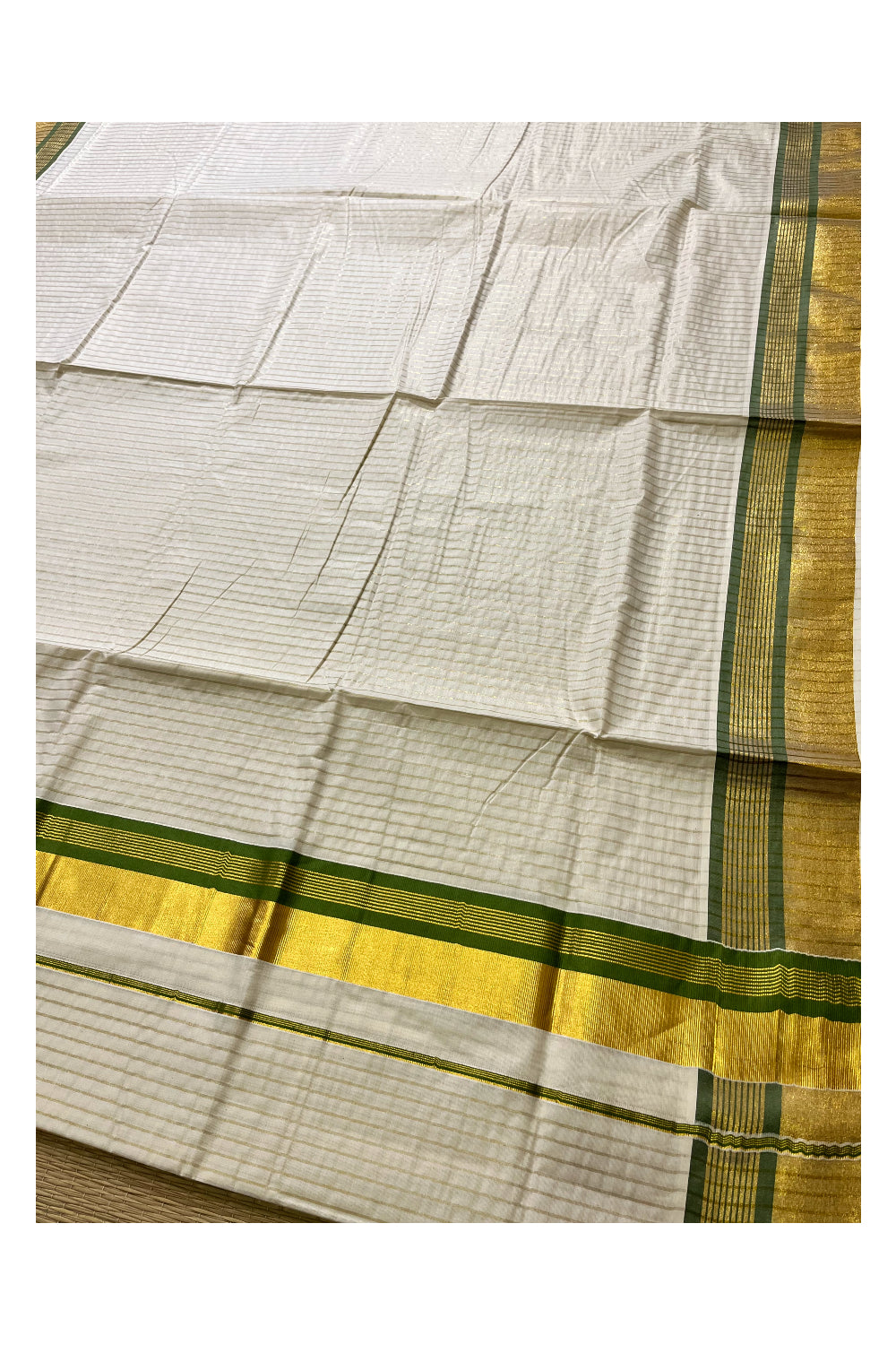 Pure Cotton Kerala Kasavu Lines Design Saree with Olive Green Border