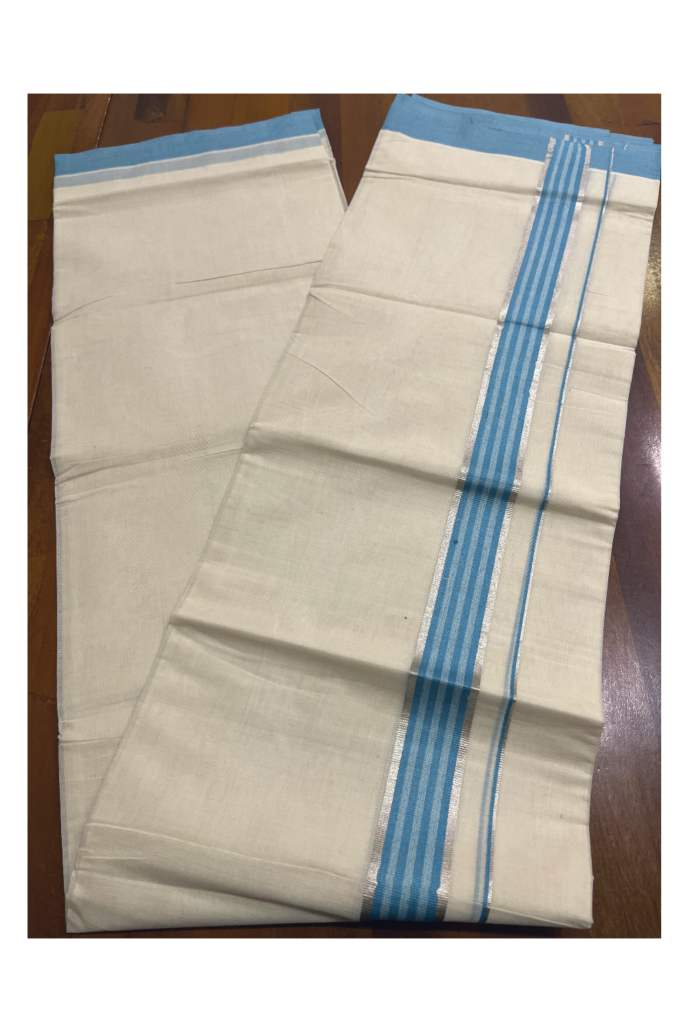 Kerala Pure Cotton Double Mundu with Silver Kasavu and Light Blue Border (South Indian Kerala Dhoti)