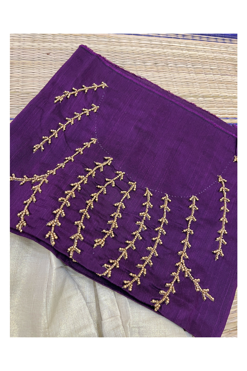 Semi Stitched Pavada Blouse with Tissue and Purple Bead Works