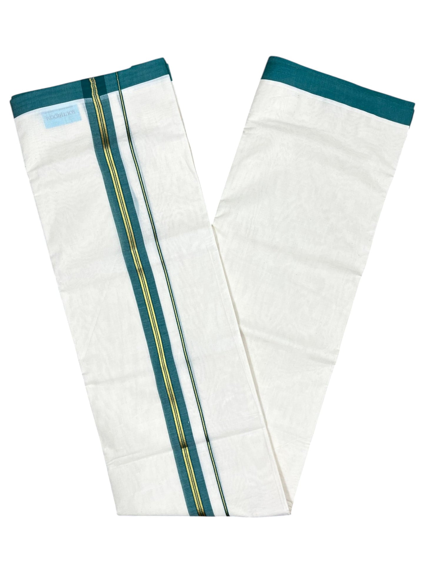 Southloom Pure Cotton Mundu with Gold Lines and Green Border (South Indian Kerala Dhoti)