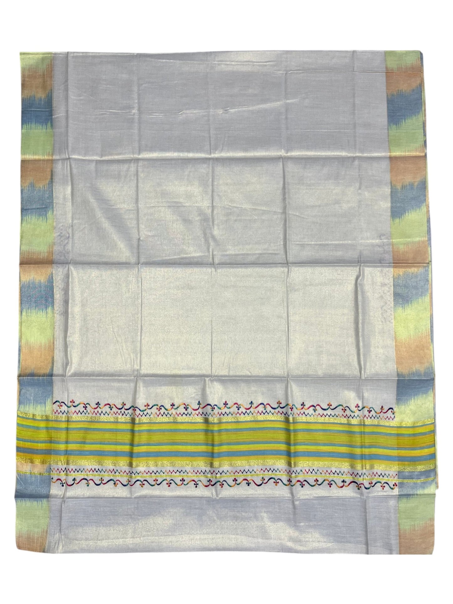Southloom Kerala Tissue Kasavu Saree with Multi Colour Pochampally Design on Borders and Kara