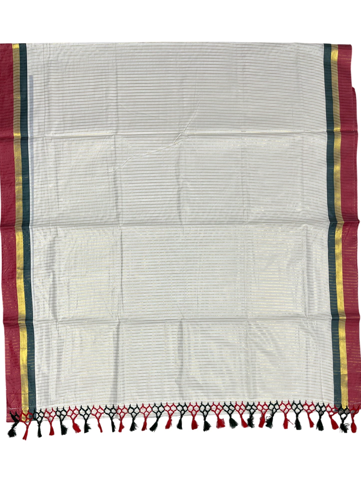 Southloom Cotton Kerala Kasavu Saree with Stripes on Body and Red & Green Border with Tussels