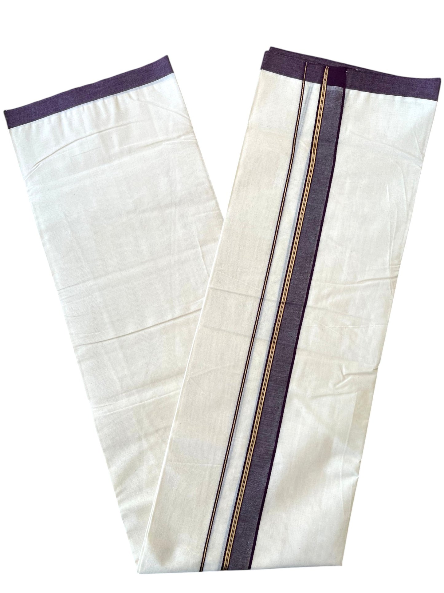 Southloom Pure Cotton Mundu with Golden Lines and Purple Border (South Indian Kerala Dhoti)