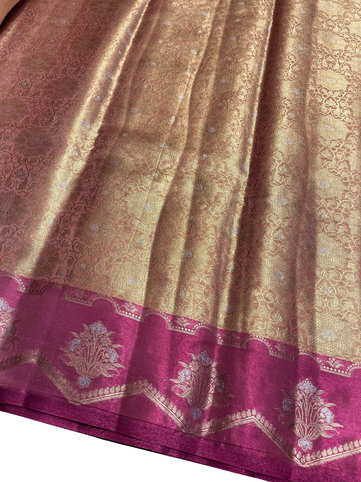 Southloom Semi Banarasi Katan Tissue Saree with Woven Work on Body and Borders (Golden & Magenta)