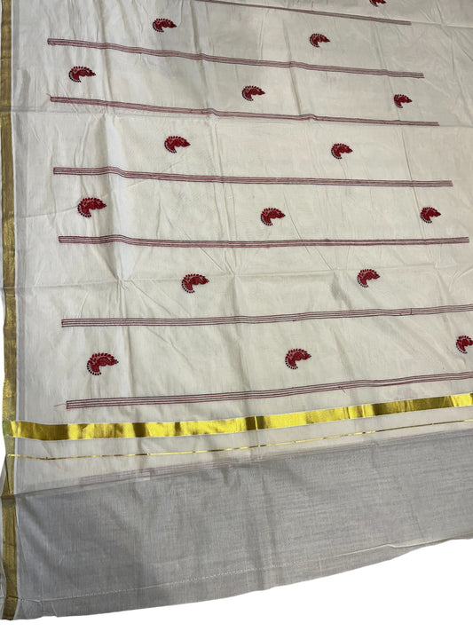 Southloom Kerala Cotton Kasavu Saree with Peacock Embroidery Works Across Body