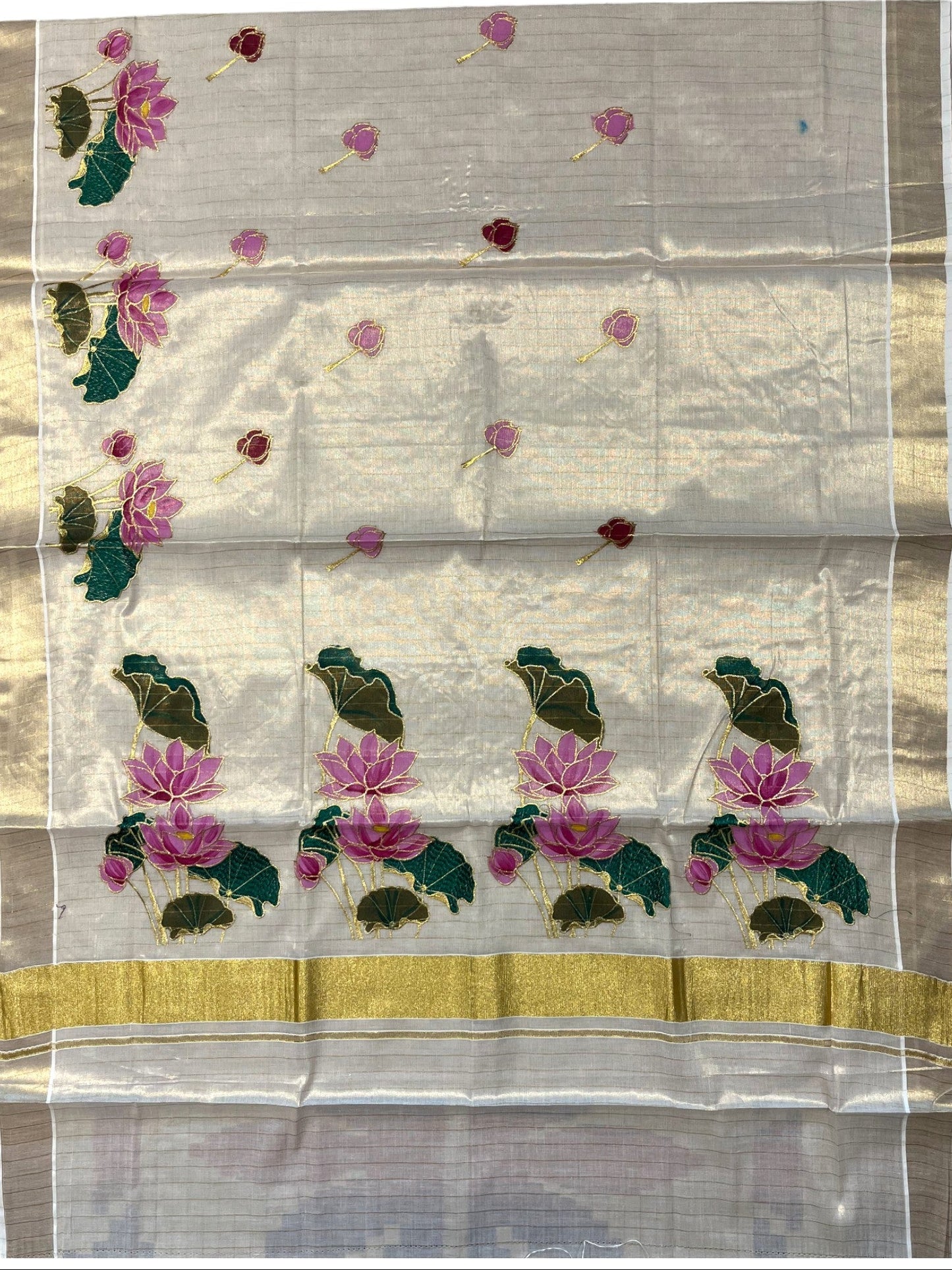 Southloom Tissue Kerala Kasavu Saree with Hand Painted Embroidery Lotus Design