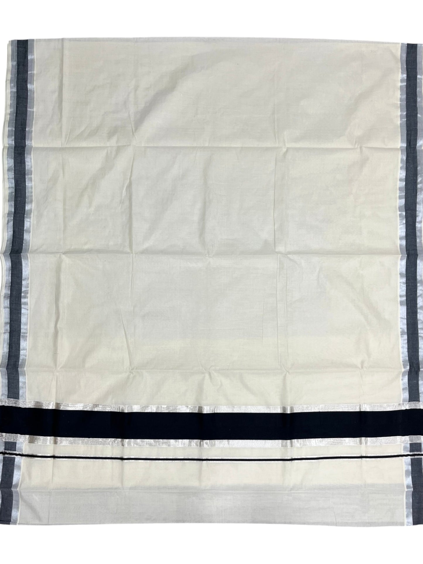 Kerala Pure Cotton Plain Saree with Silver Kasavu and Black Border