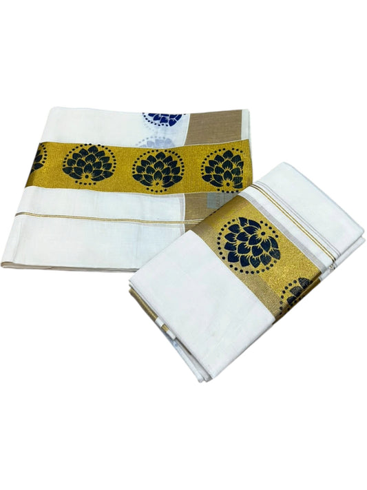 Southloom Pure Cotton Set Mundu with Gold Kasavu and Blue Floral Digital Print in 2.80 Mtrs SL383