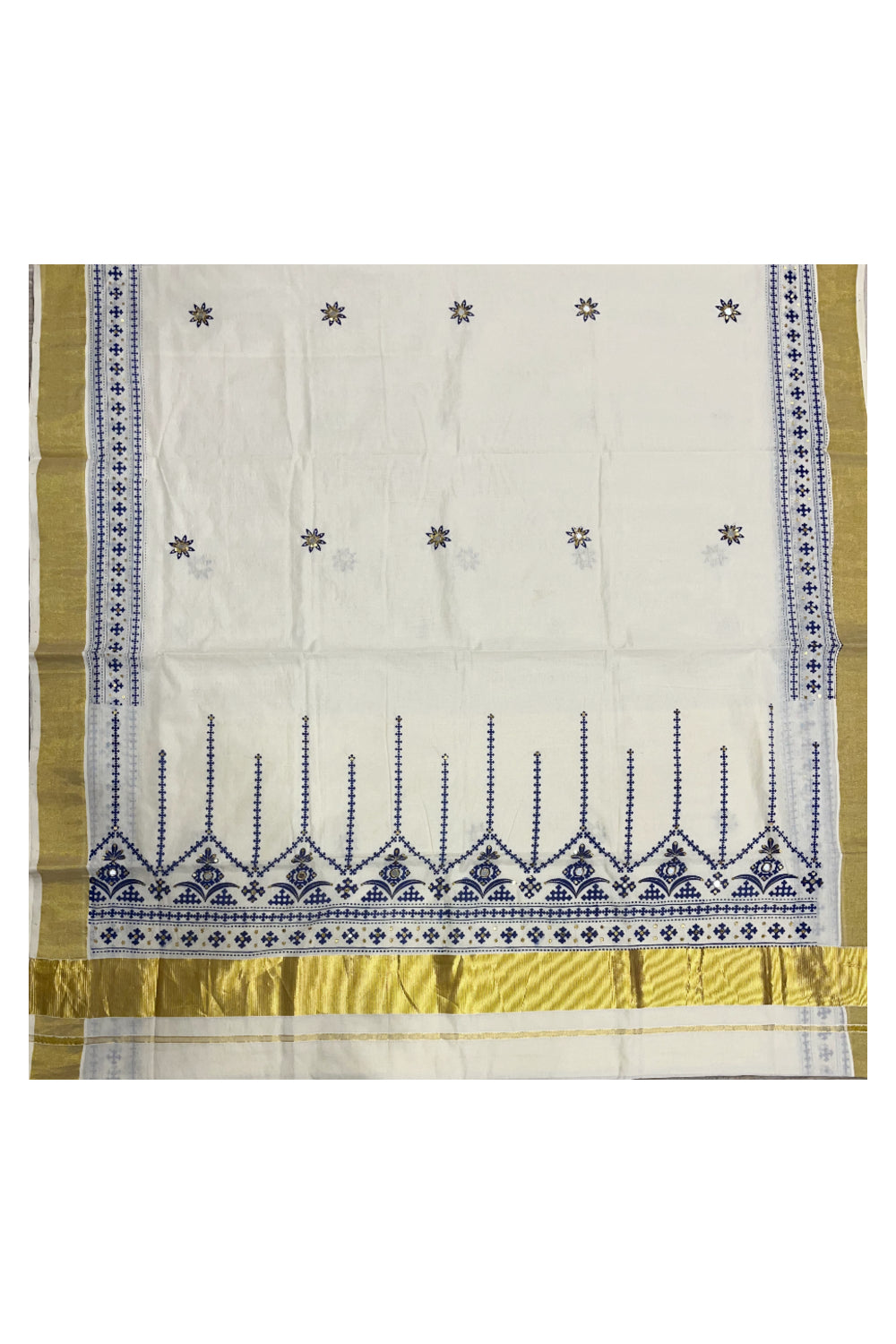 Southloom Blue Block Print Kasavu Saree with Sequins Work on Prints
