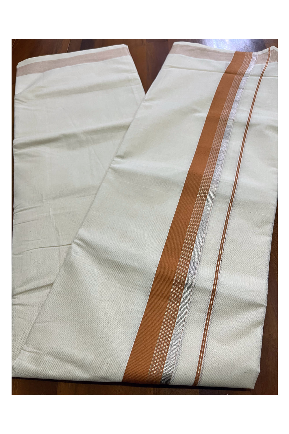 Off White Kerala Cotton Double Mundu with Silver Kasavu and Orange Border (South Indian Kerala Dhoti)