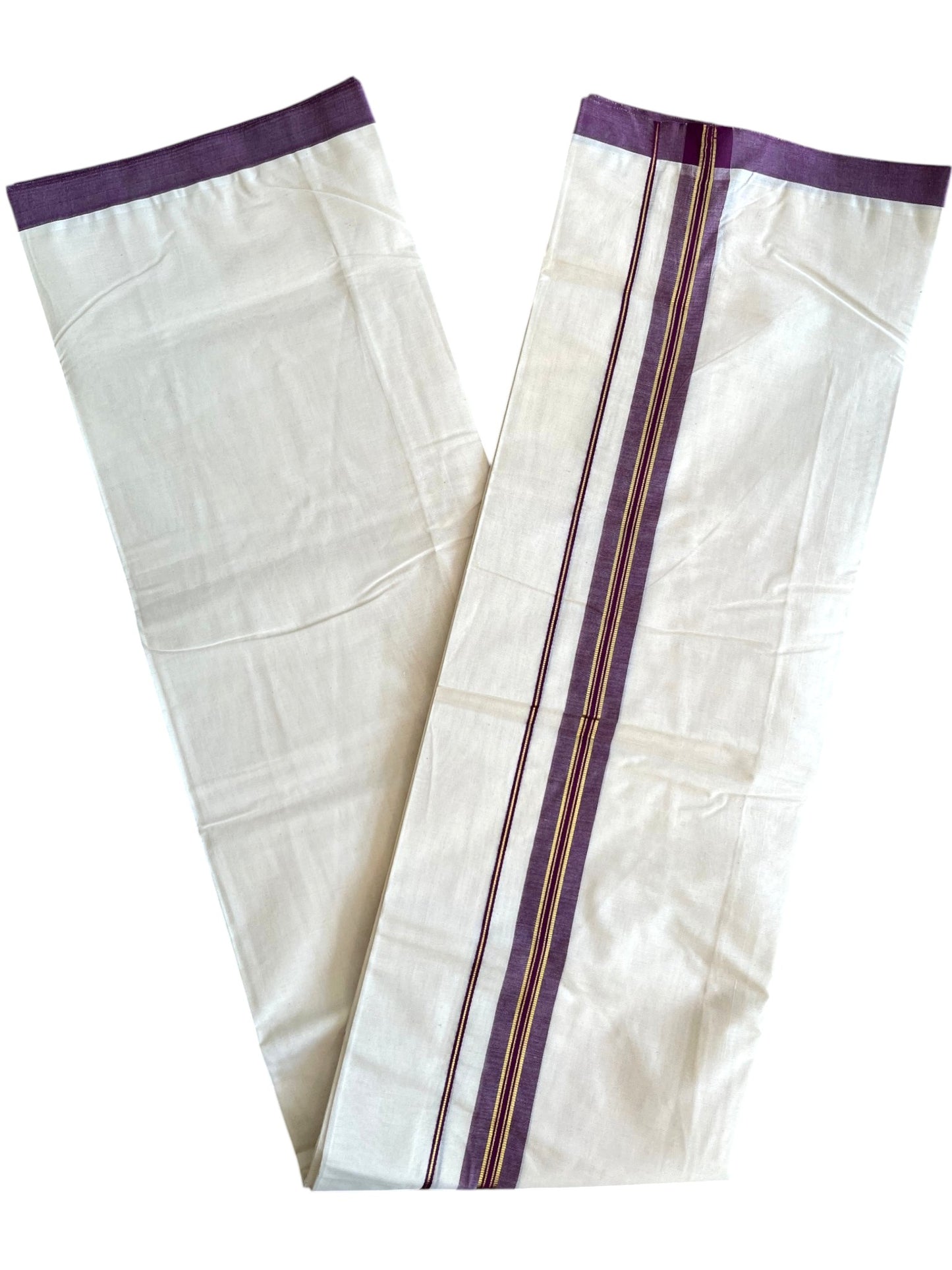 Southloom Pure Cotton Mundu with Golden Lines and Purple Border (South Indian Kerala Dhoti)
