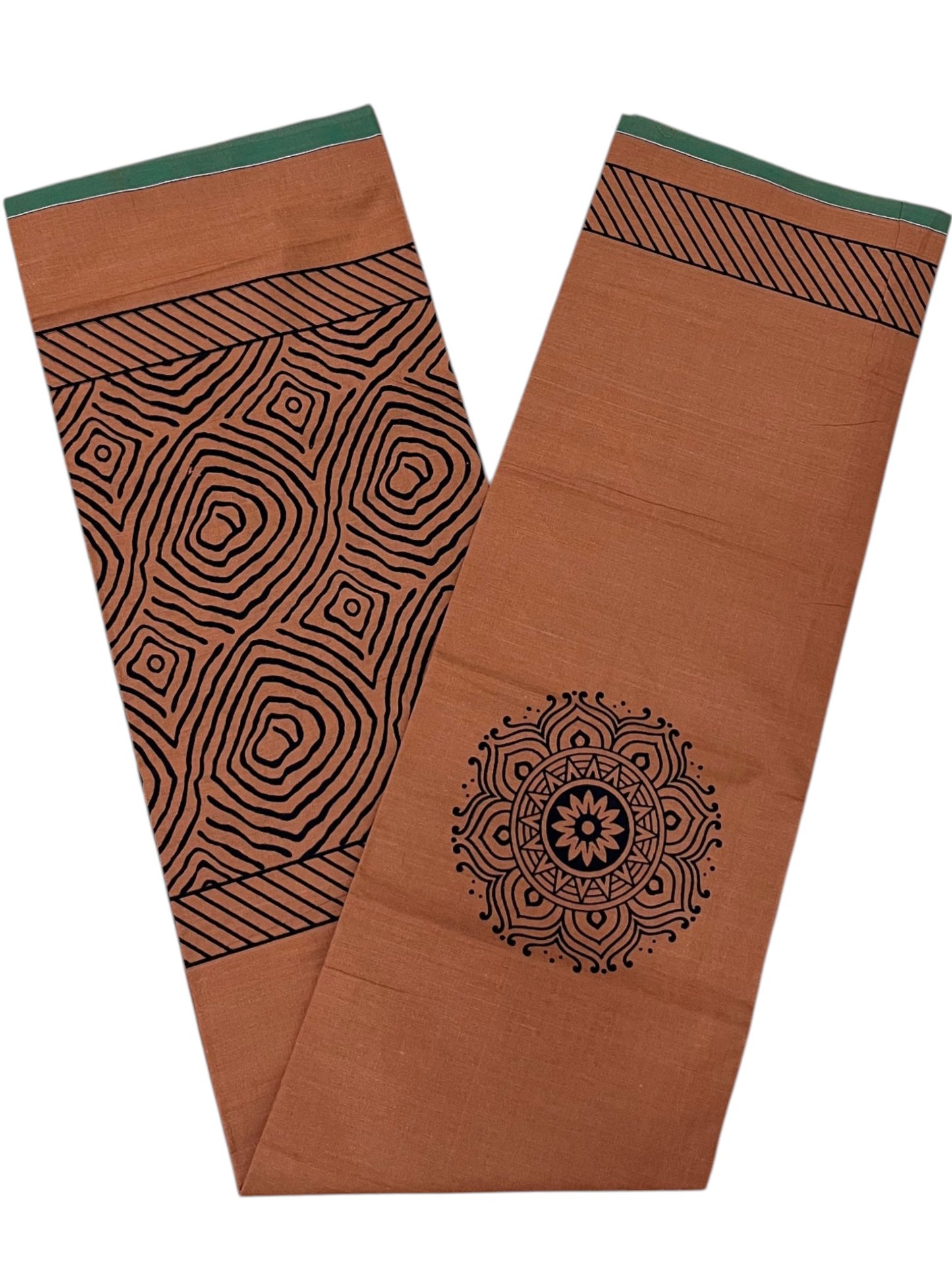 Southloom Saffron (Kaavi) Black Printed Single Mundu / Lungi (South Indian Kerala Dhoti) SL319
