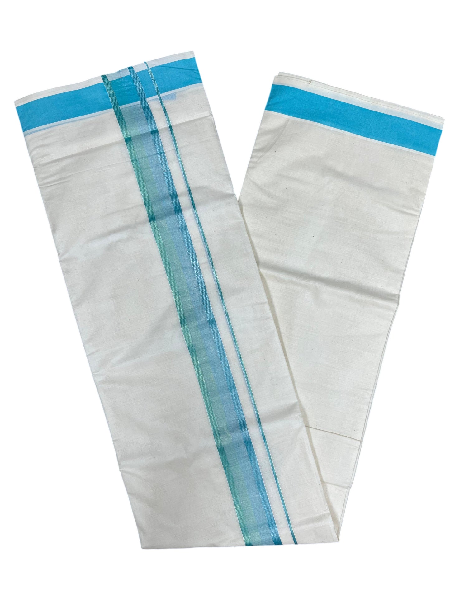 Southloom Kerala Pure Cotton Double Mundu with Blue Border (South Indian Dhoti)