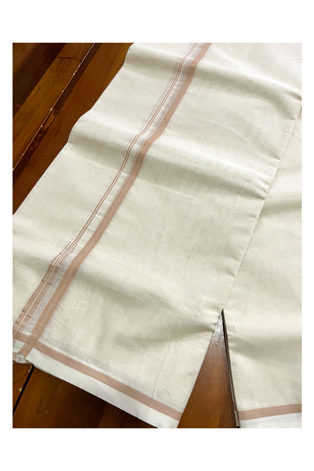 Pure Cotton Off White Kerala Double Mundu with Beige Puliyilakkara Chutti Border (South Indian Dhoti)