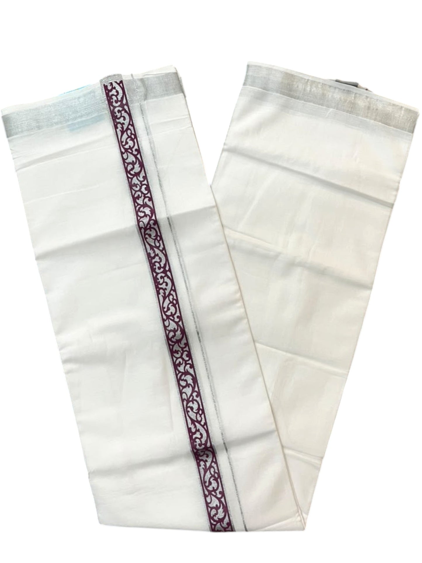Southloom Pure White Cotton Mundu with Purple and Silver Kasavu Border (South Indian Kerala Dhoti)