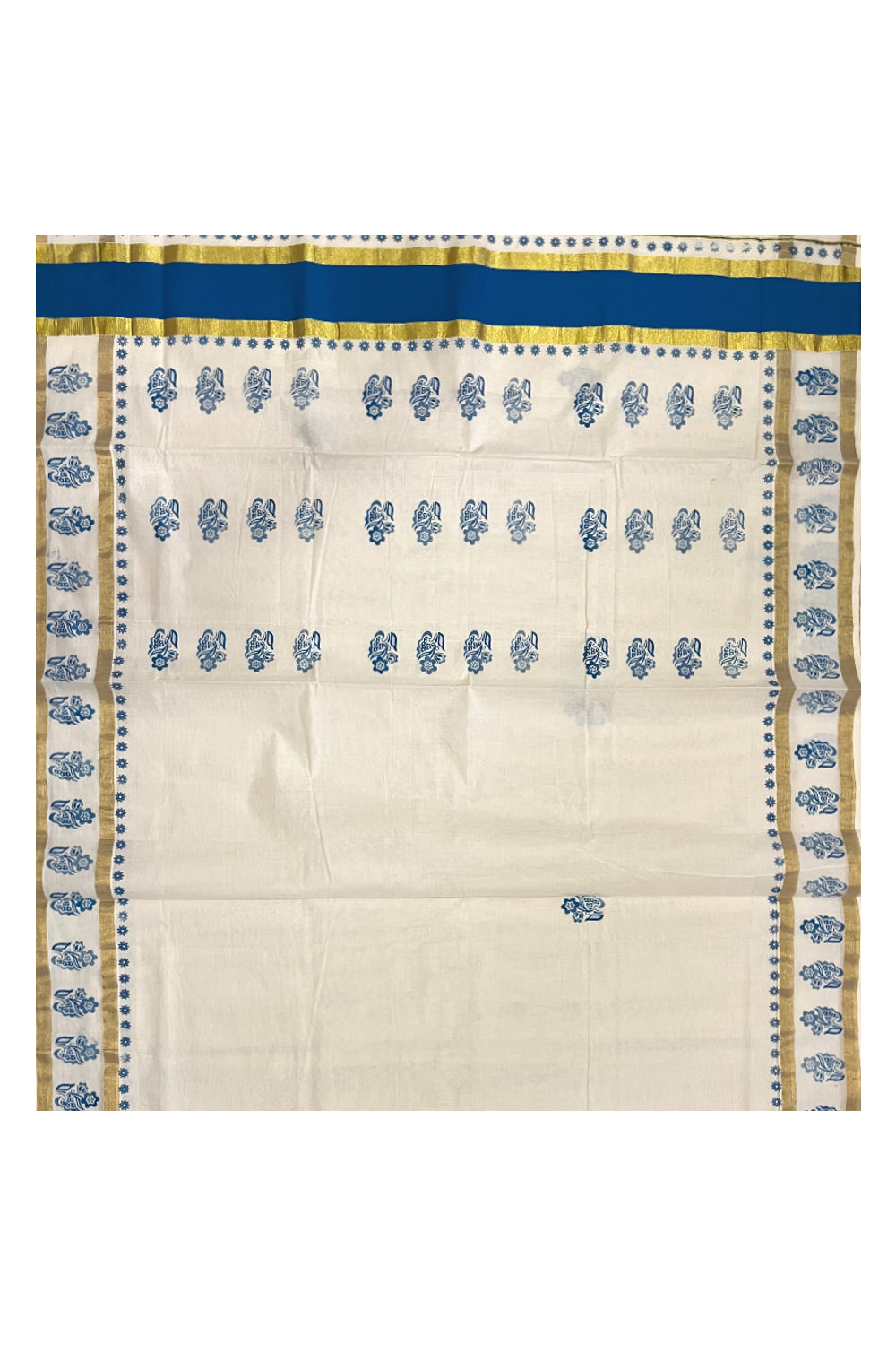 Pure Cotton Kerala Saree with Blue Floral Block Printed Kasavu Border