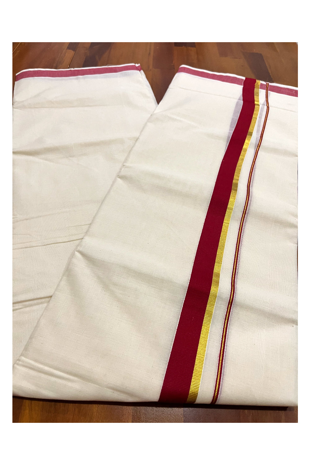 Pure Cotton Mundu with Maroon and Kasavu Border (South Indian Kerala Dhoti)