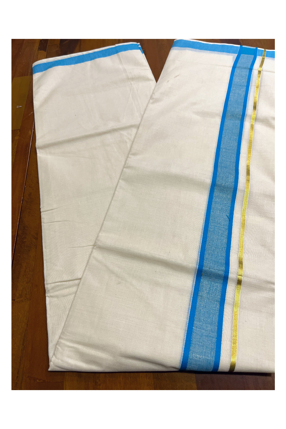 Kerala Pure Cotton Double Mundu with Blue and Kasavu Border (South Indian Kerala Dhoti)