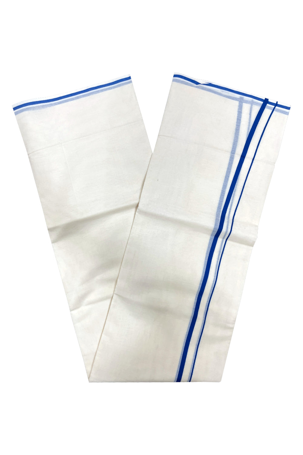Pure Cotton Double Mundu with 0.5 inch Blue Border (South Indian Kerala Dhoti)