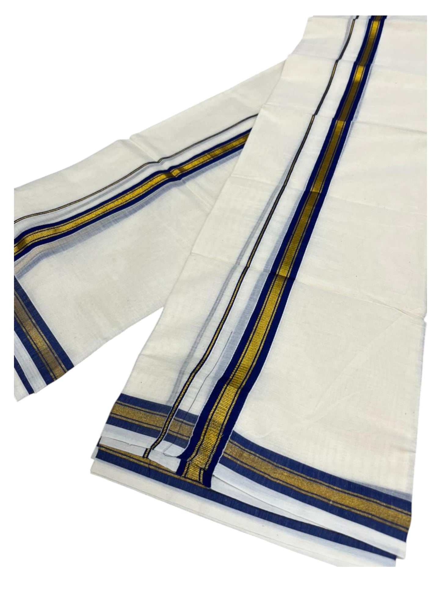 Pure Cotton Kerala Single Set Mundu (Mundum Neriyathum) with Blue Kasavu Border in 2.80 Mtrs