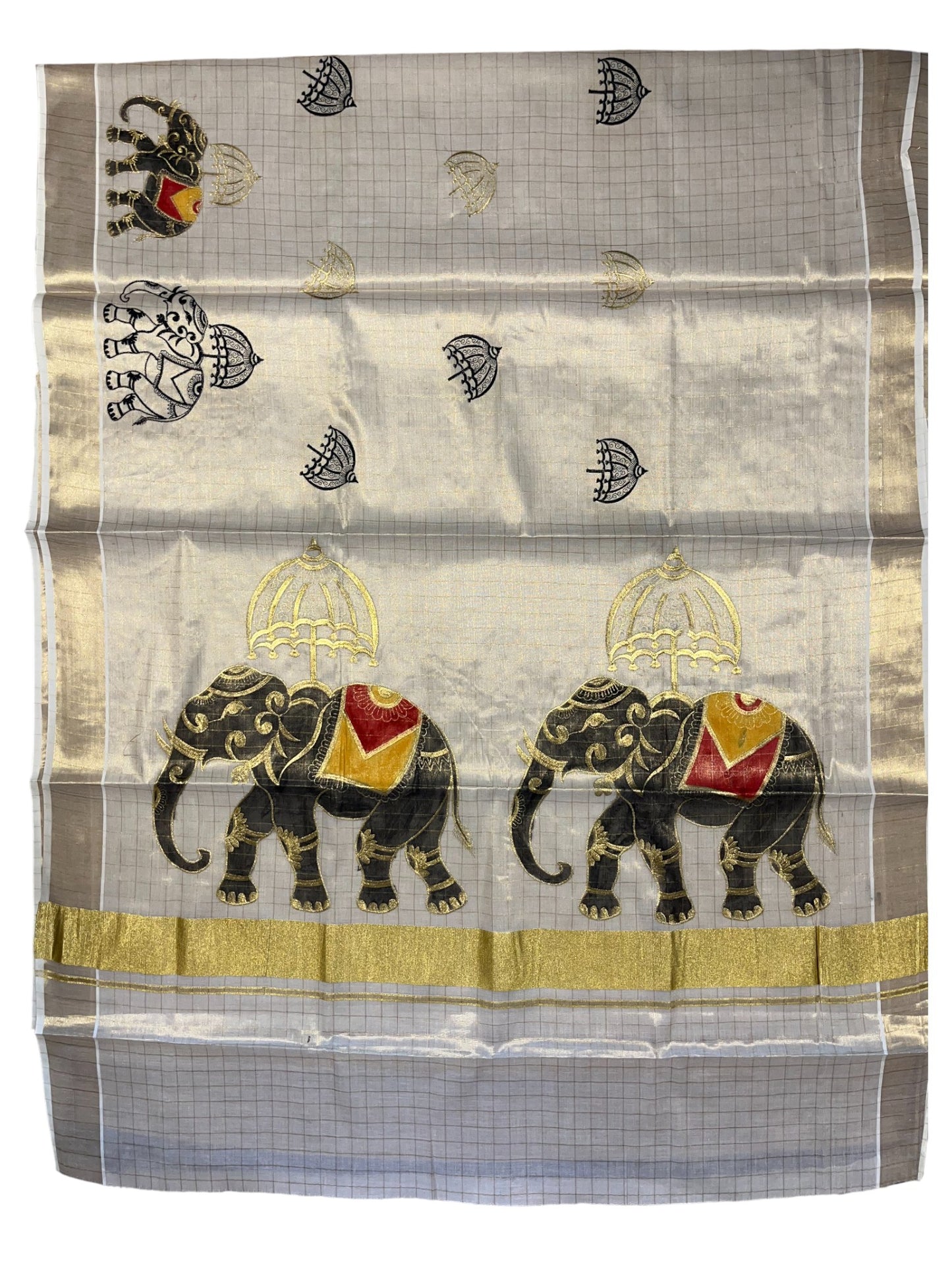 Southloom Kerala Tissue Kasavu Cheack Saree with Embroidery Wor in Elephant Print