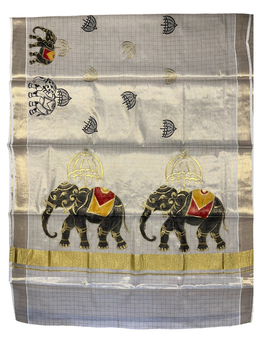 Southloom Kerala Tissue Kasavu Cheack Saree with Embroidery Wor in Elephant Print