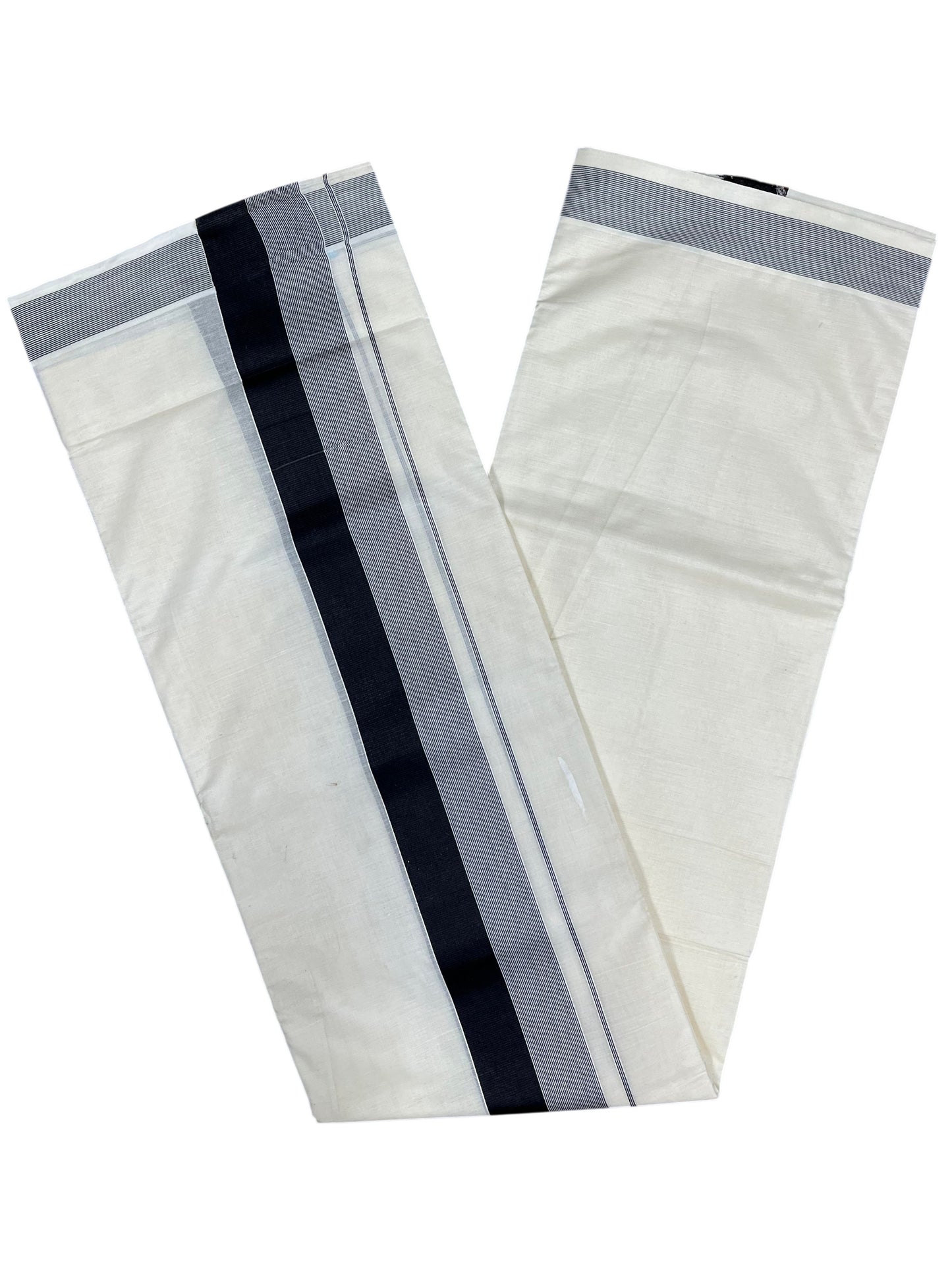 Southloom Kerala Pure Cotton Double Mundu with Black Lines And Black Border (South Indian Kerala Dhoti)