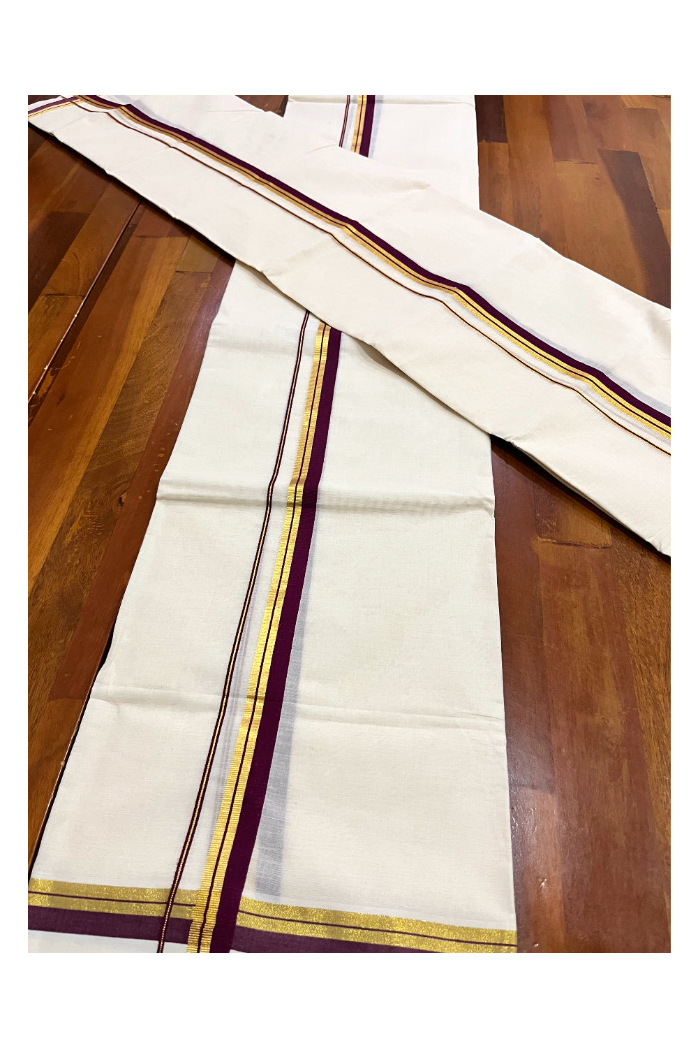 Kerala Pure Cotton Set Mundu Single (Mundum Neriyathum) with Maroon and Kasavu Border