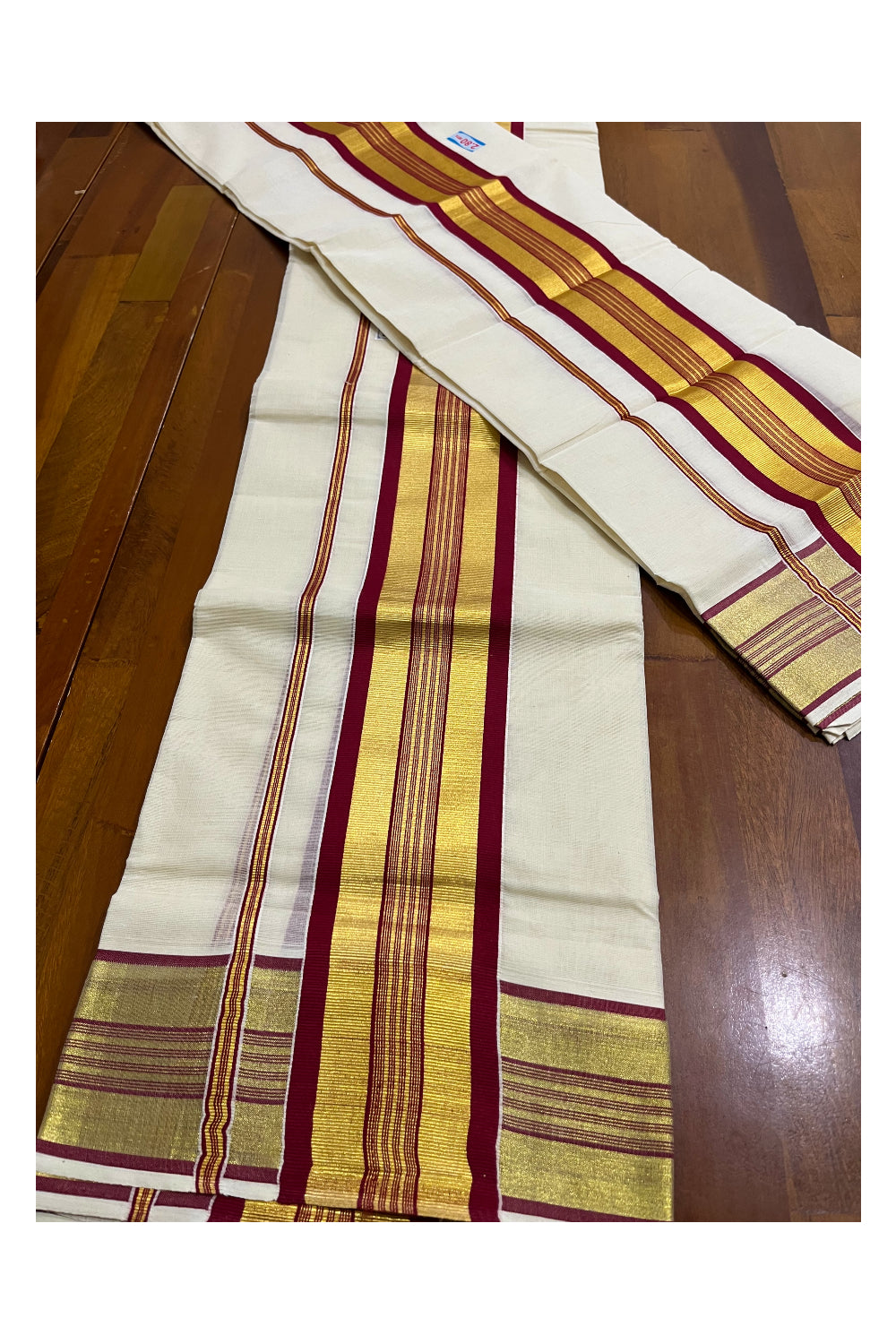 Kerala Cotton Set Mundu (Mundum Neriyathum) with Maroon and Kasavu Border 2.80 Mtrs