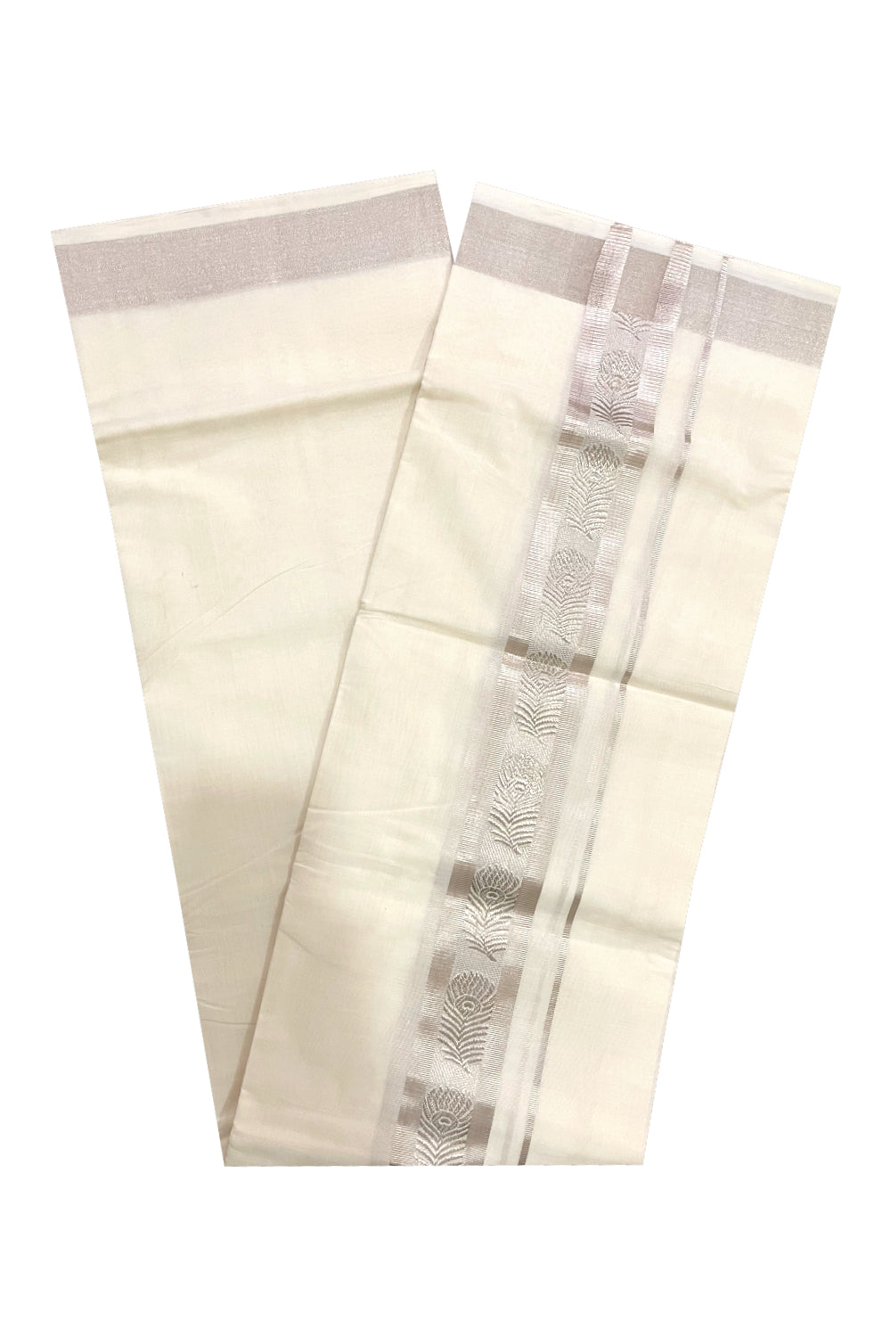 Southloom Premium Handloom Pure Cotton Mundu with Silver Kasavu Woven Border (Onam Mundu 2023)