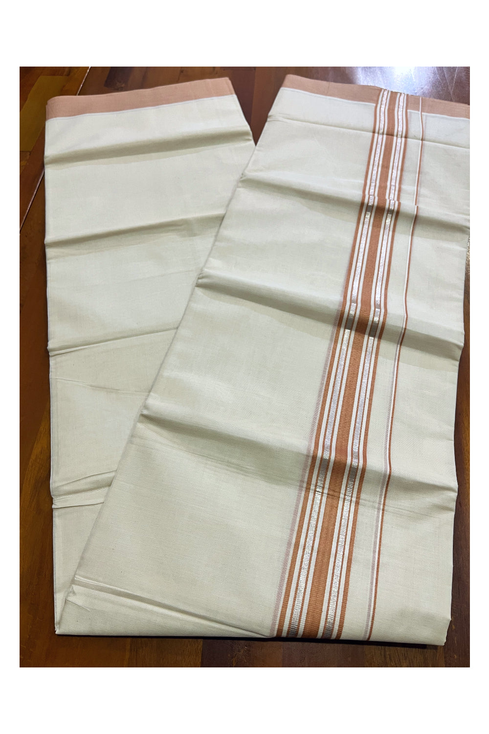 Kerala Pure Cotton Double Mundu with Silver Kasavu and Light Brown Border (Vishu 2024 Collection)