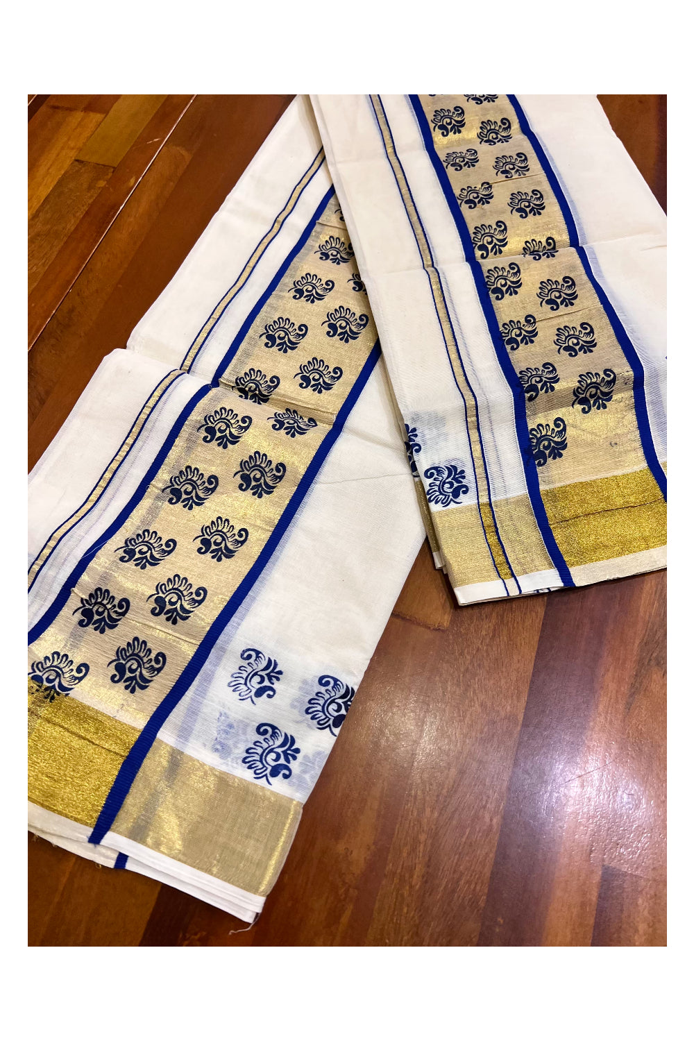 Kerala Pure Cotton Set Mundu Single (Mundum Neriyathum) with Block Prints on Blue and Kasavu Border-2.80Mtrs