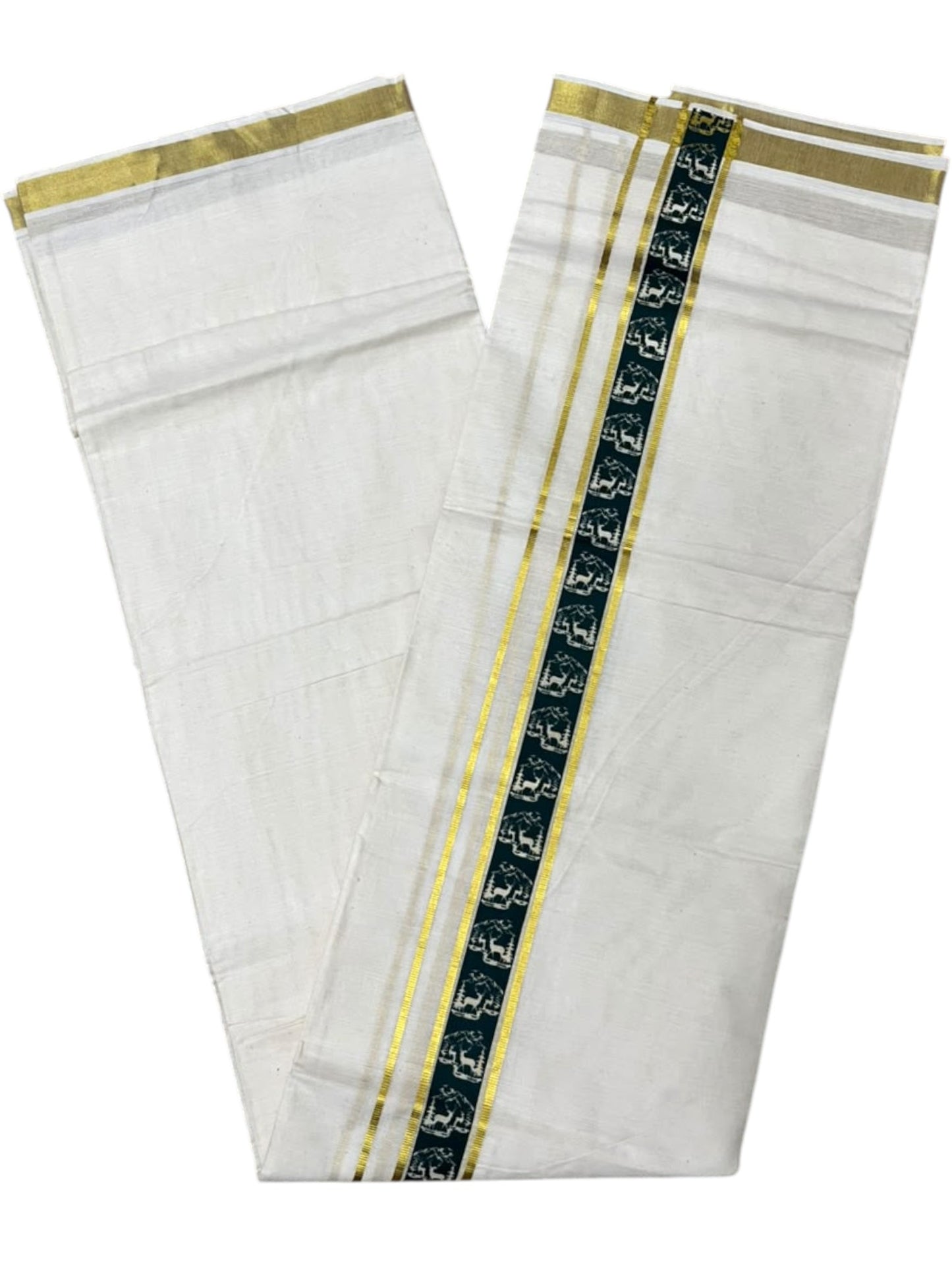 Southloom Pure Cotton Double Mundu with Green Block Printed And Ksavu Border (South Indian Kerala Dhoti)