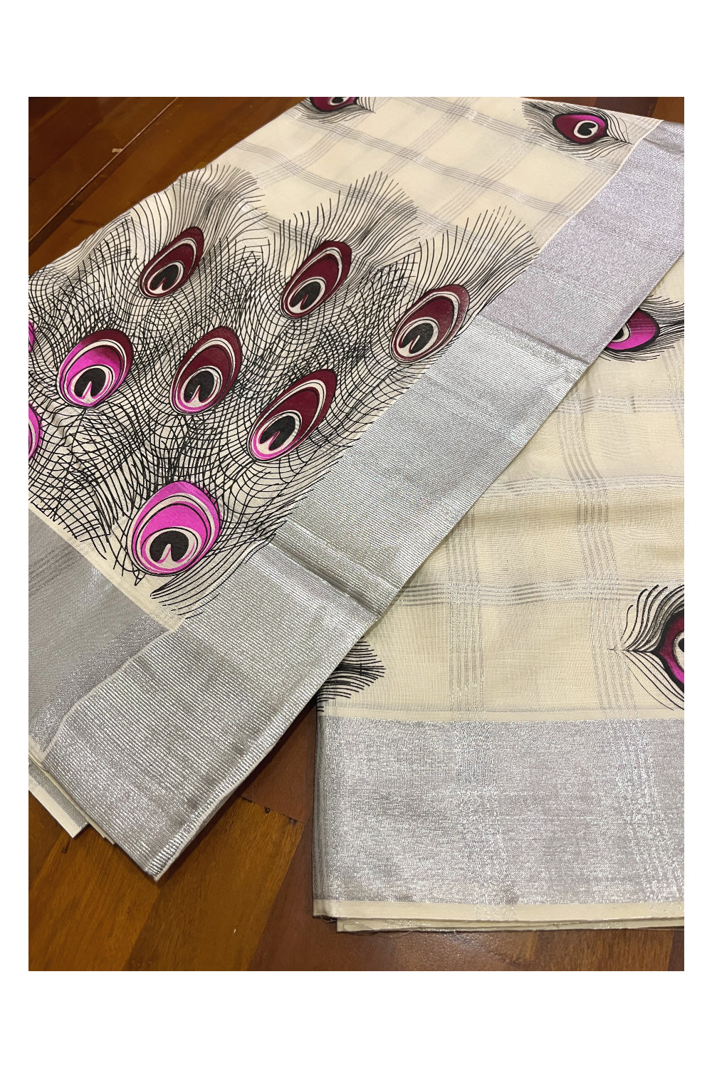 Pure Cotton Kerala Saree with Silver Kasavu Check Designs and Magenta Feather Block Printed Body (Onam Saree 2023)