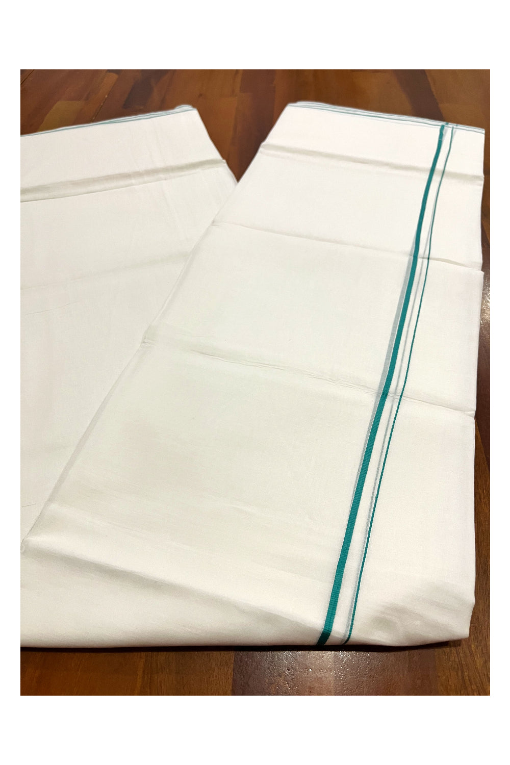 Pure White Kerala Cotton Double Mundu with Green Thin Kara (South Indian Kerala Dhoti)