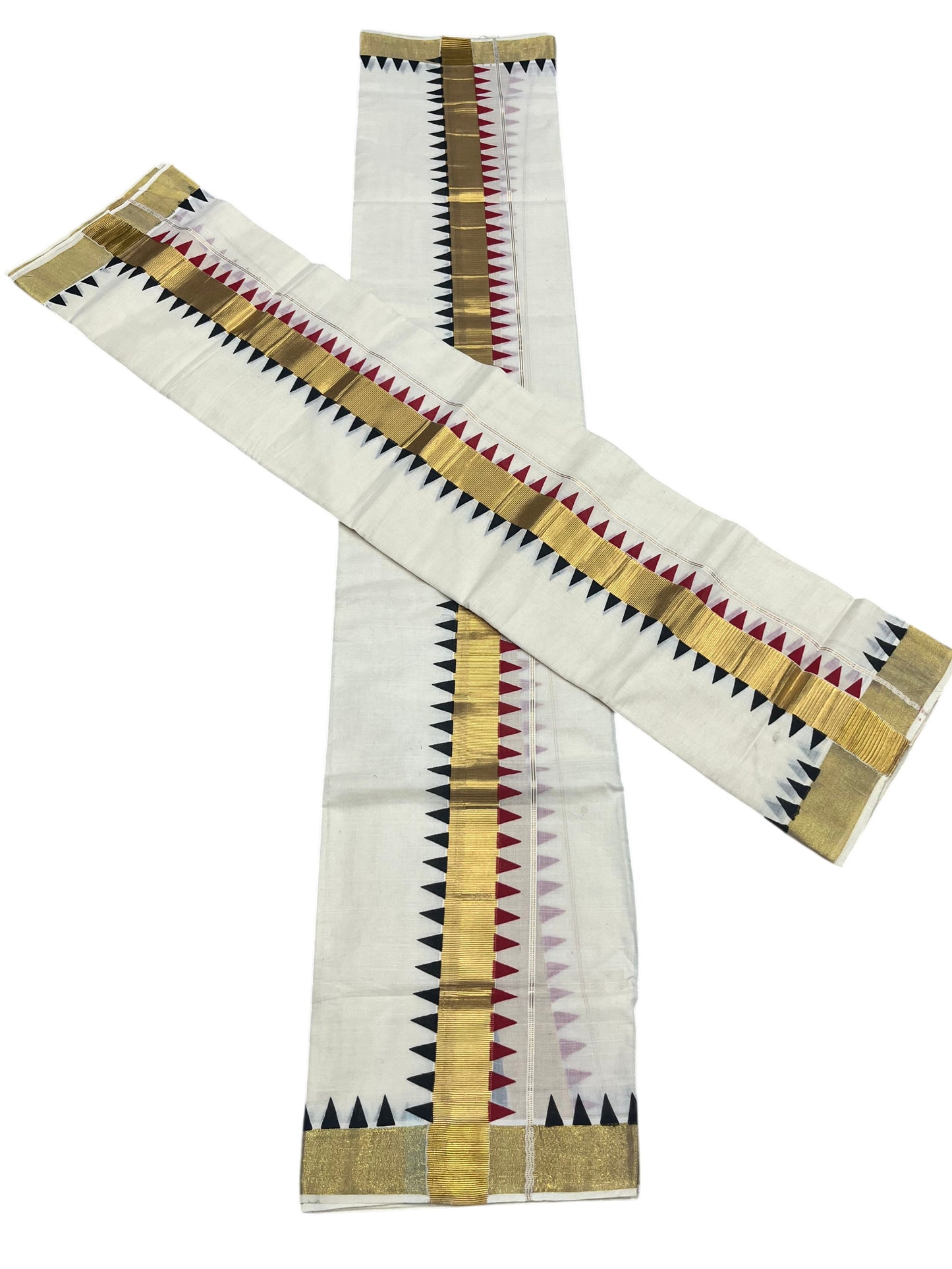 Southloom Kerala Cotton Kasavu Single Set Mundu (Mundum Neriyathum) with Black And Red Temple Design Border SLKK