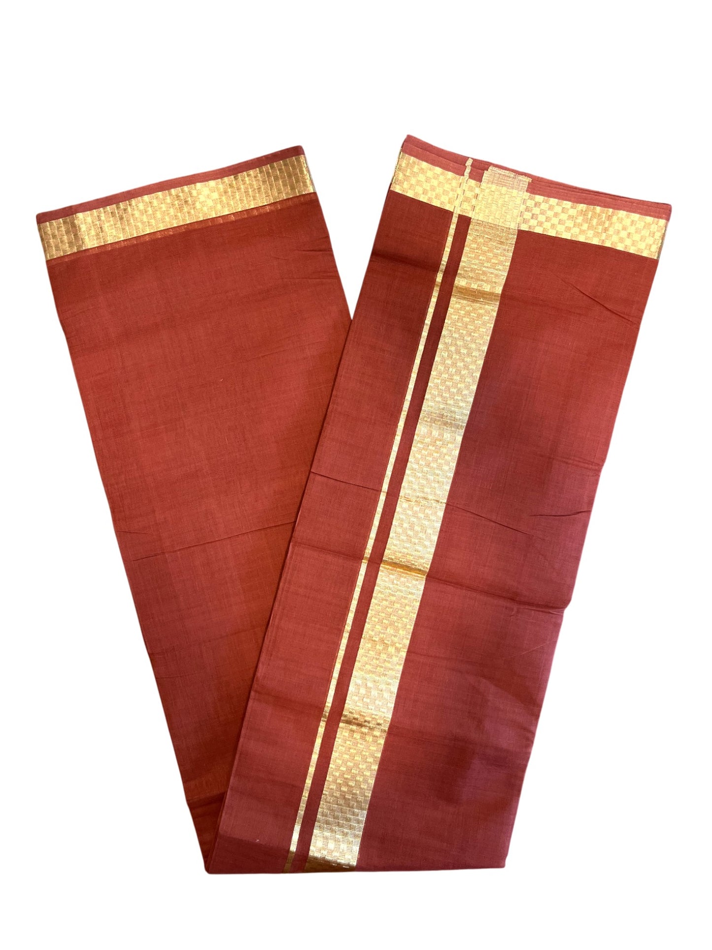 Southloom Premium Handloom Cotton Brown Double Mundu with Gold Paa Neythu Border