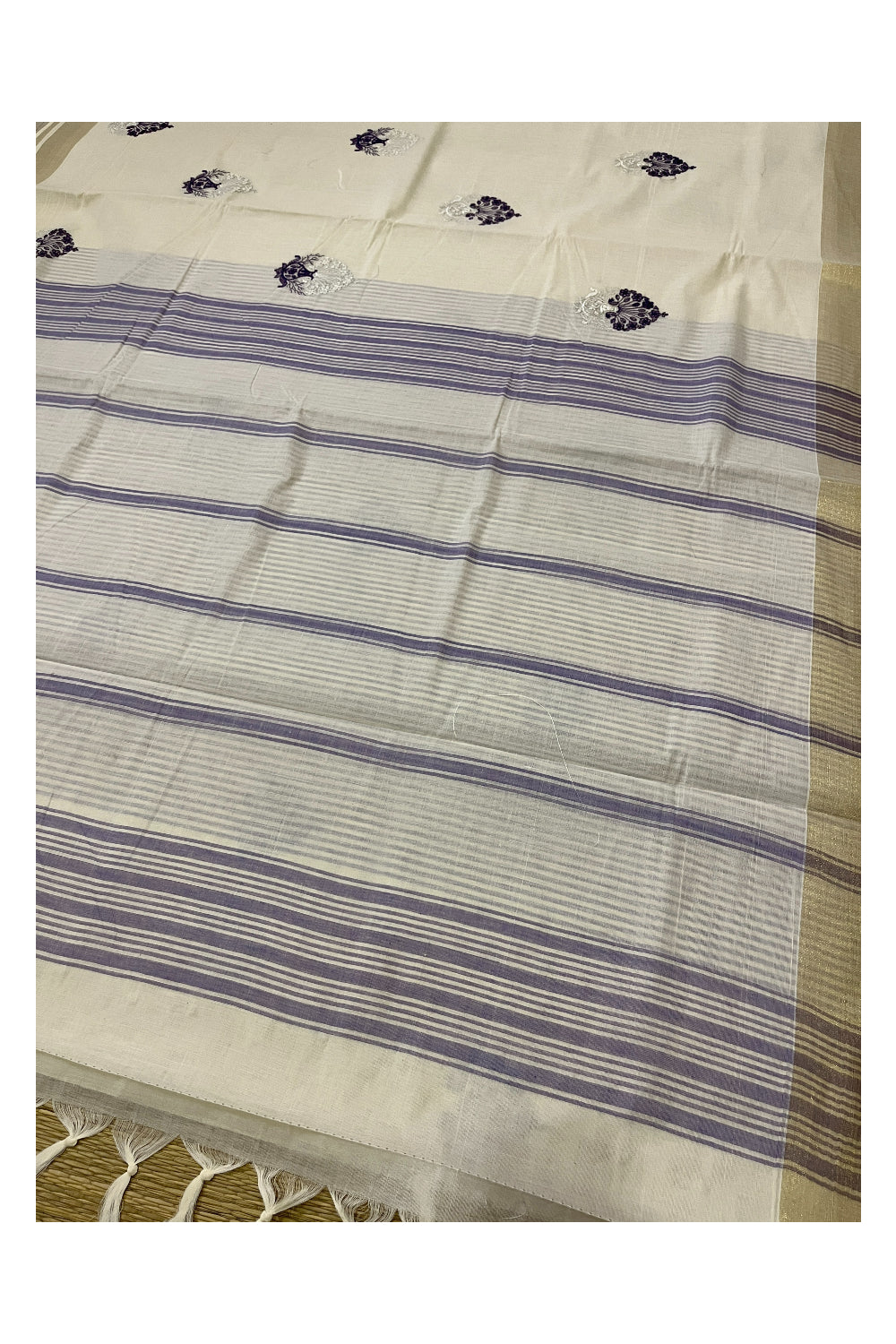 Pure Cotton Kerala Saree with Violet Floral Embroidery Work and Kasavu Border