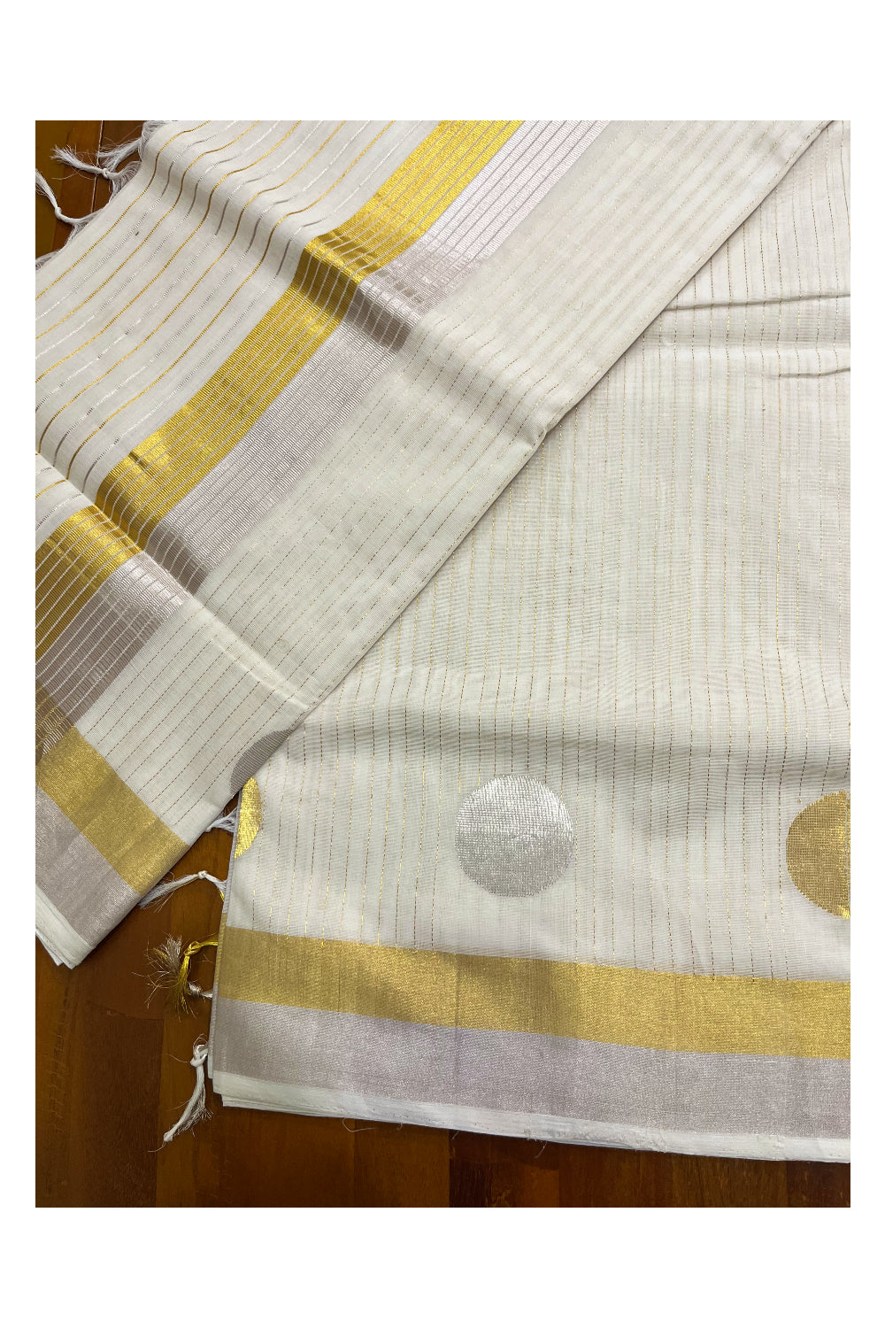 Southloom Premium Handloom Kerala Silver and Golden Kasavu Lines Design Saree with Polka Woven Motifs on Border