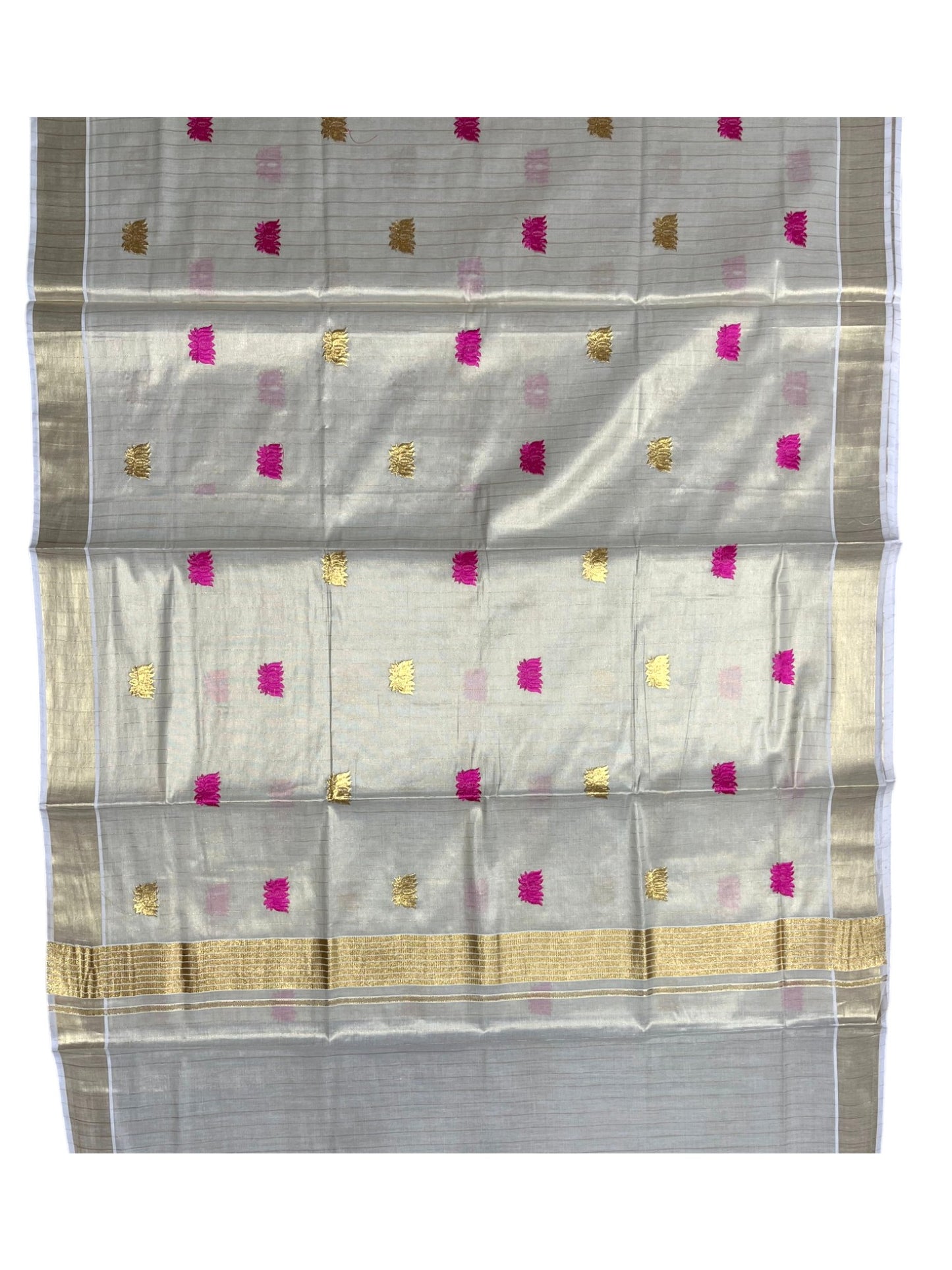 Southloom Kerala Tissue Kasavu Saree with Pink& Gold Lotus Embroidery Works