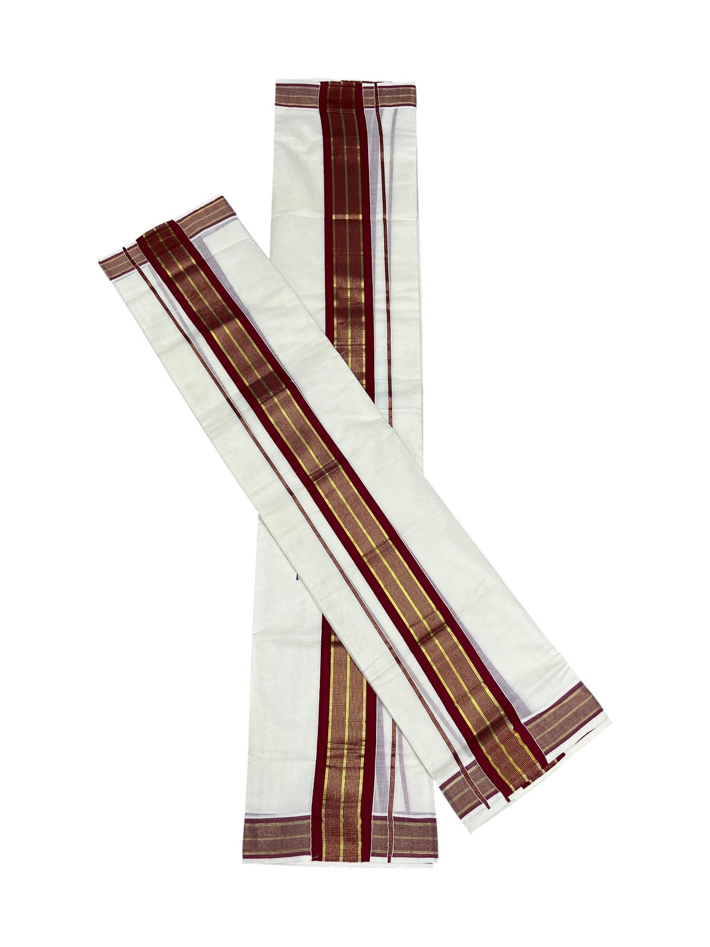 Kerala Cotton Kasavu Single Set Mundu (Mundum Neriyathum) with Maroon Kasavu Border in 2.80 Mtrs SLKK SL470