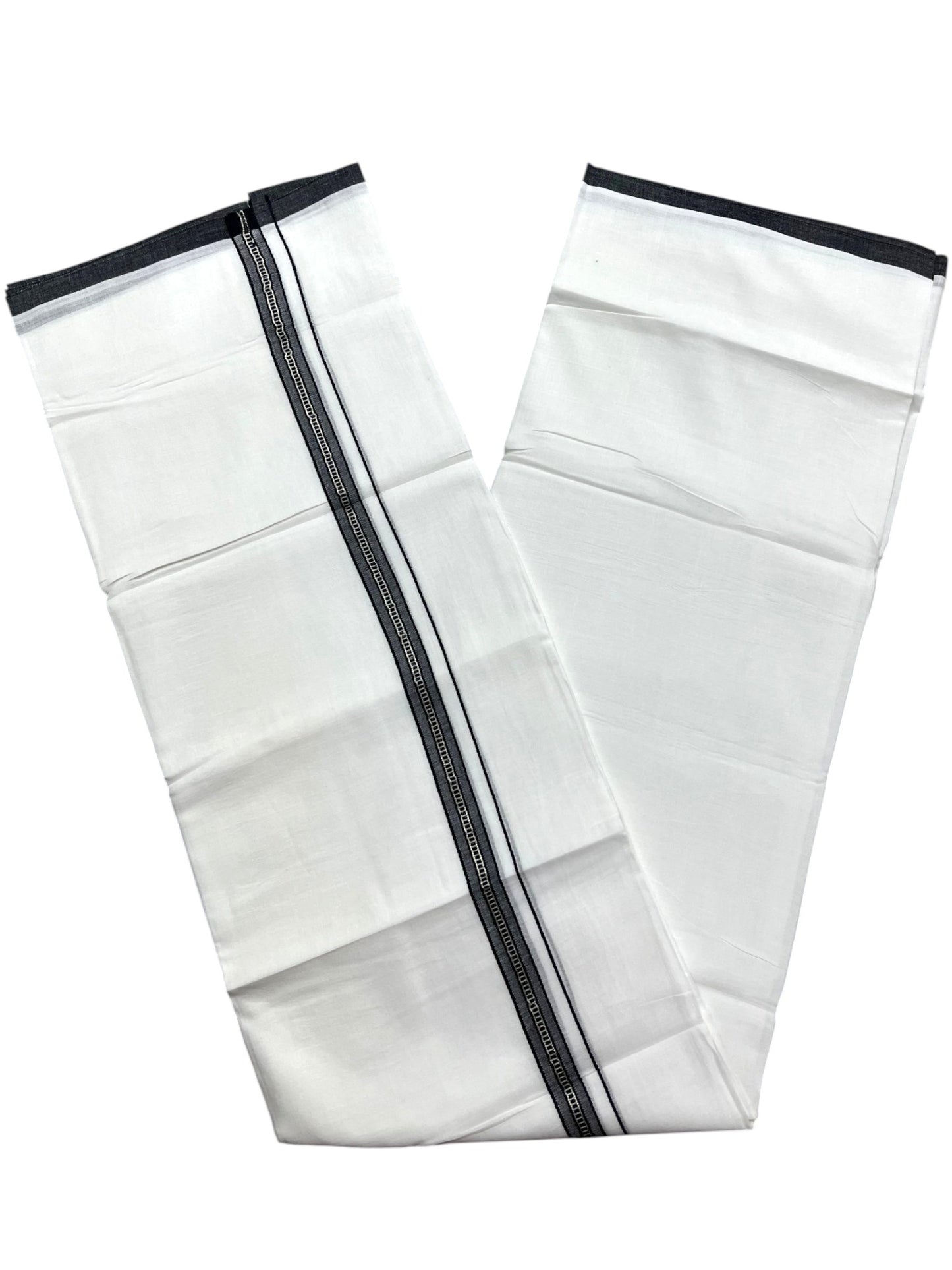 Southloom Pure White Cotton Mundu with Black & Silver Line Border (South Indian Kerala Dhoti)
