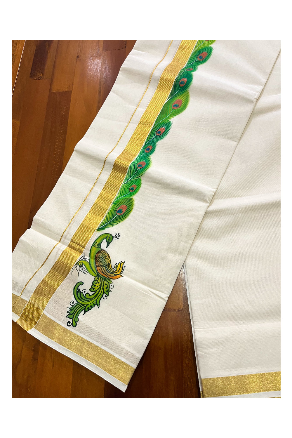 Pure Cotton Kerala Double Mundu with Peacock Hand Painted Designs on Kasavu Border (Vishu Collection 2024)