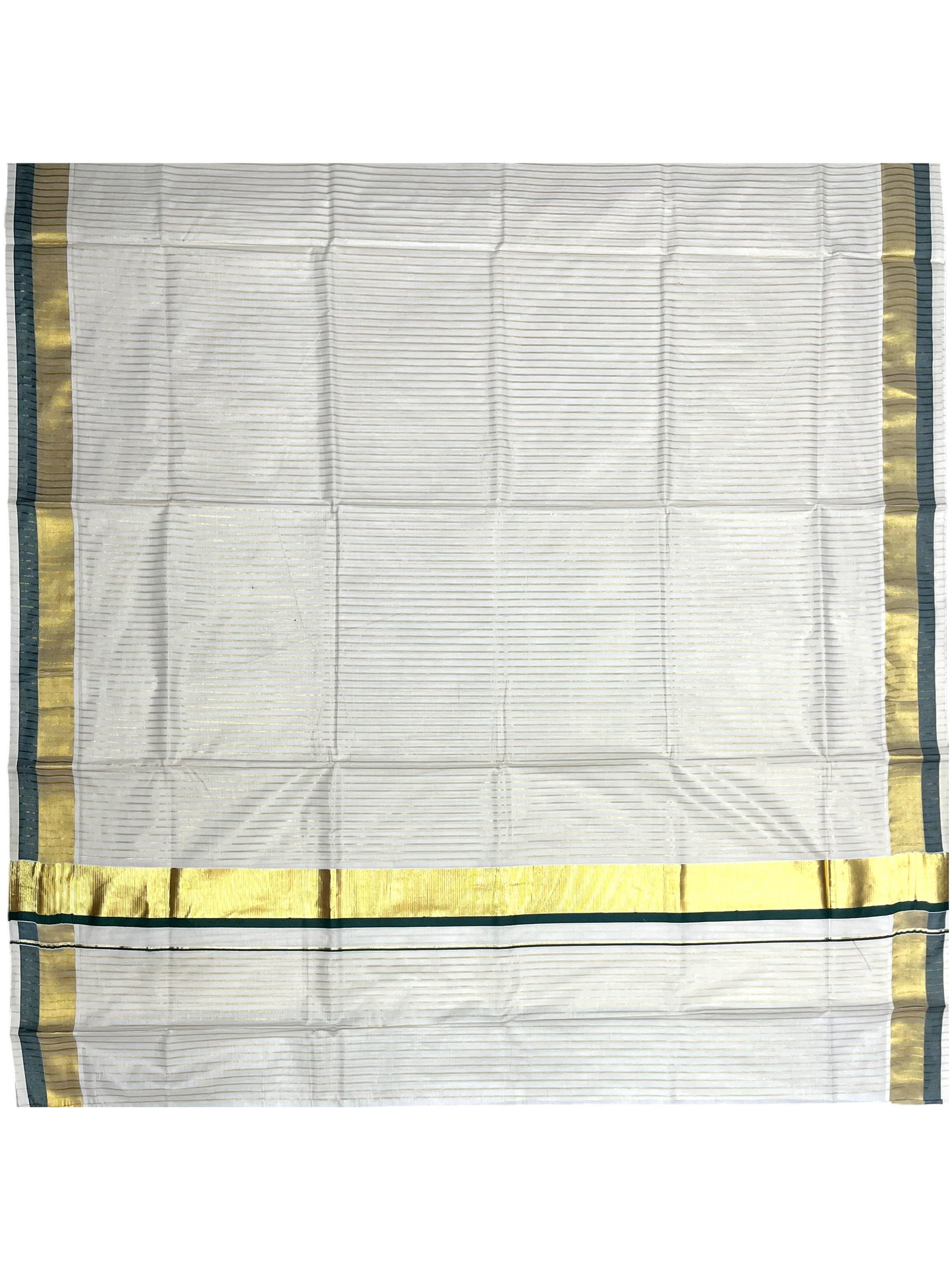 Southloom Pure Cotton Kerala Saree with Gold Kasavu Lines Across Body and Dark GreenBorder