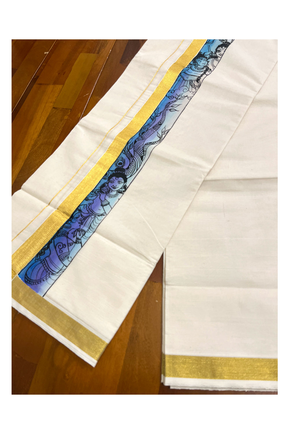 Kerala Pure Cotton Double Mundu with Mural Hand Painted Design on Kasavu Border (South Indian Kerala Dhoti)