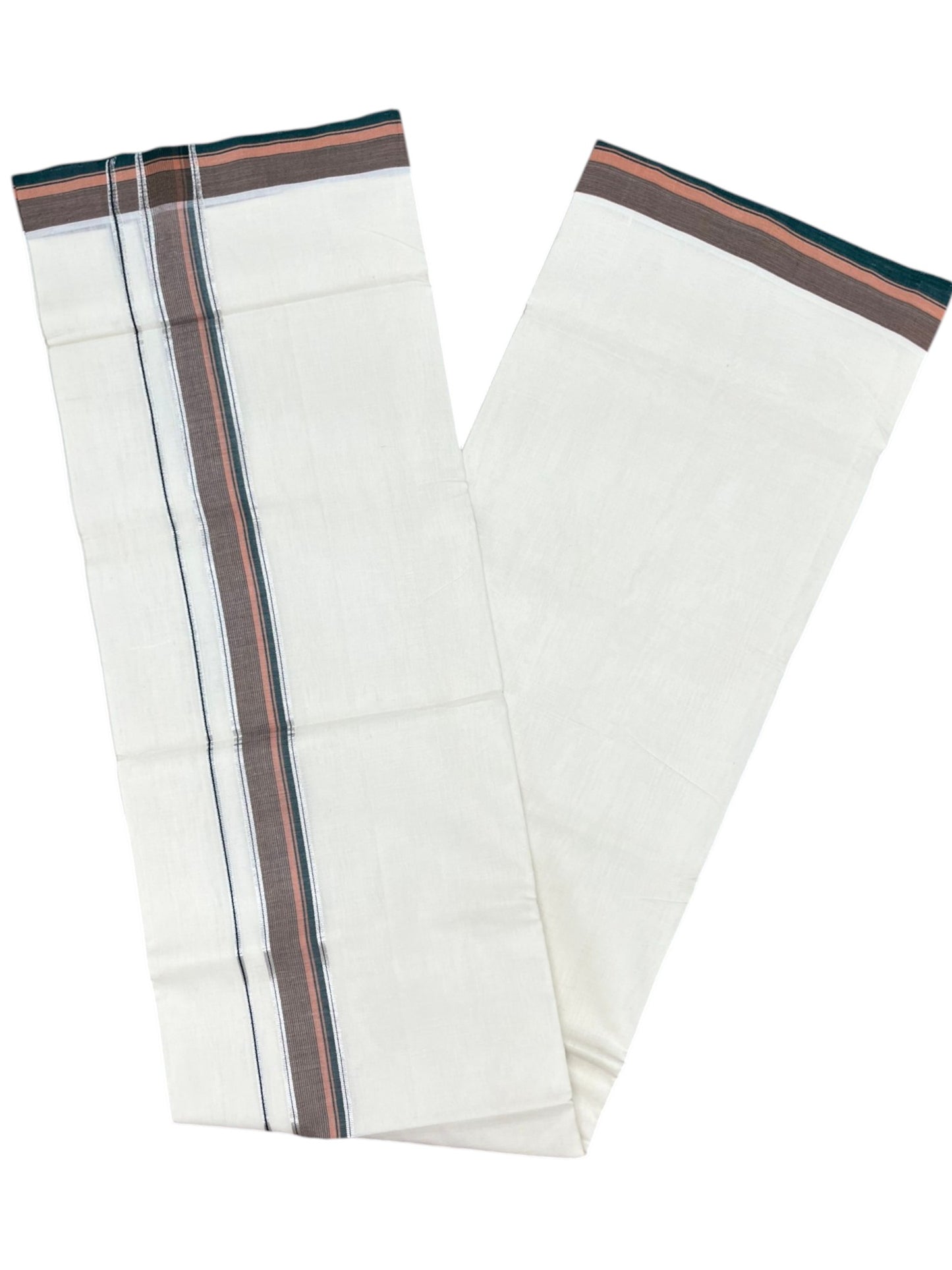 Southloom Balaramapuram Unakkupaavu Premium Handloom Cotton Double Mundu with Silver Kasavu and Green and Peach Border