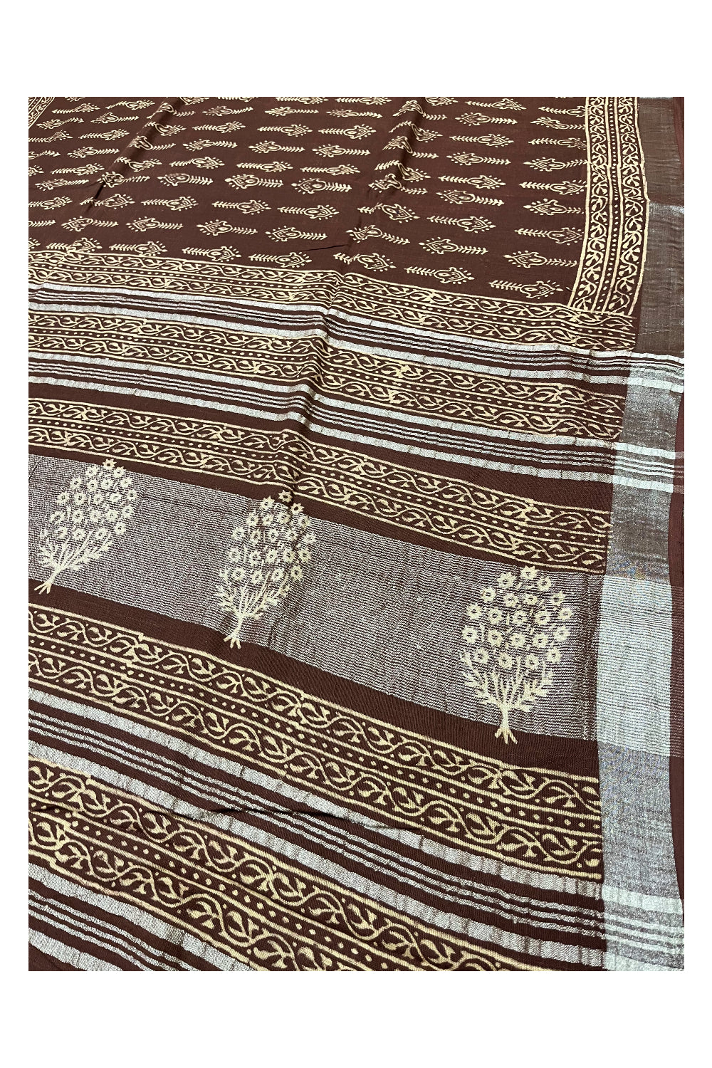 Southloom Linen Brown Designer Saree with Floral Prints