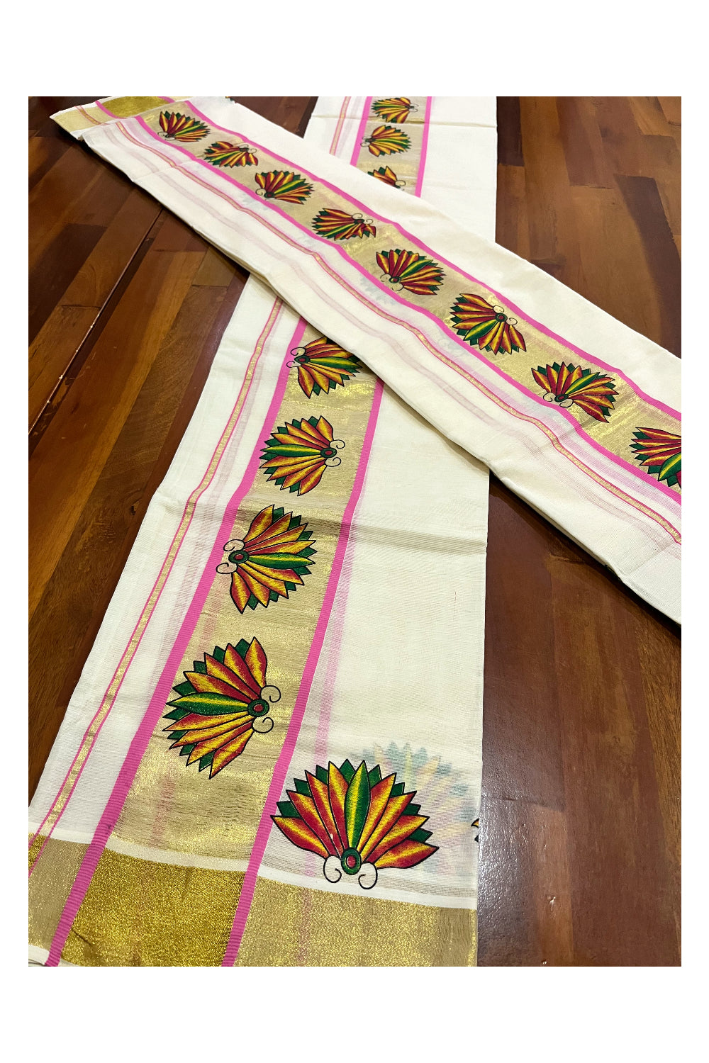 Kerala Cotton Single Set Mundu (Mundum Neriyathum) with Block Prints on Kasavu Pink Border